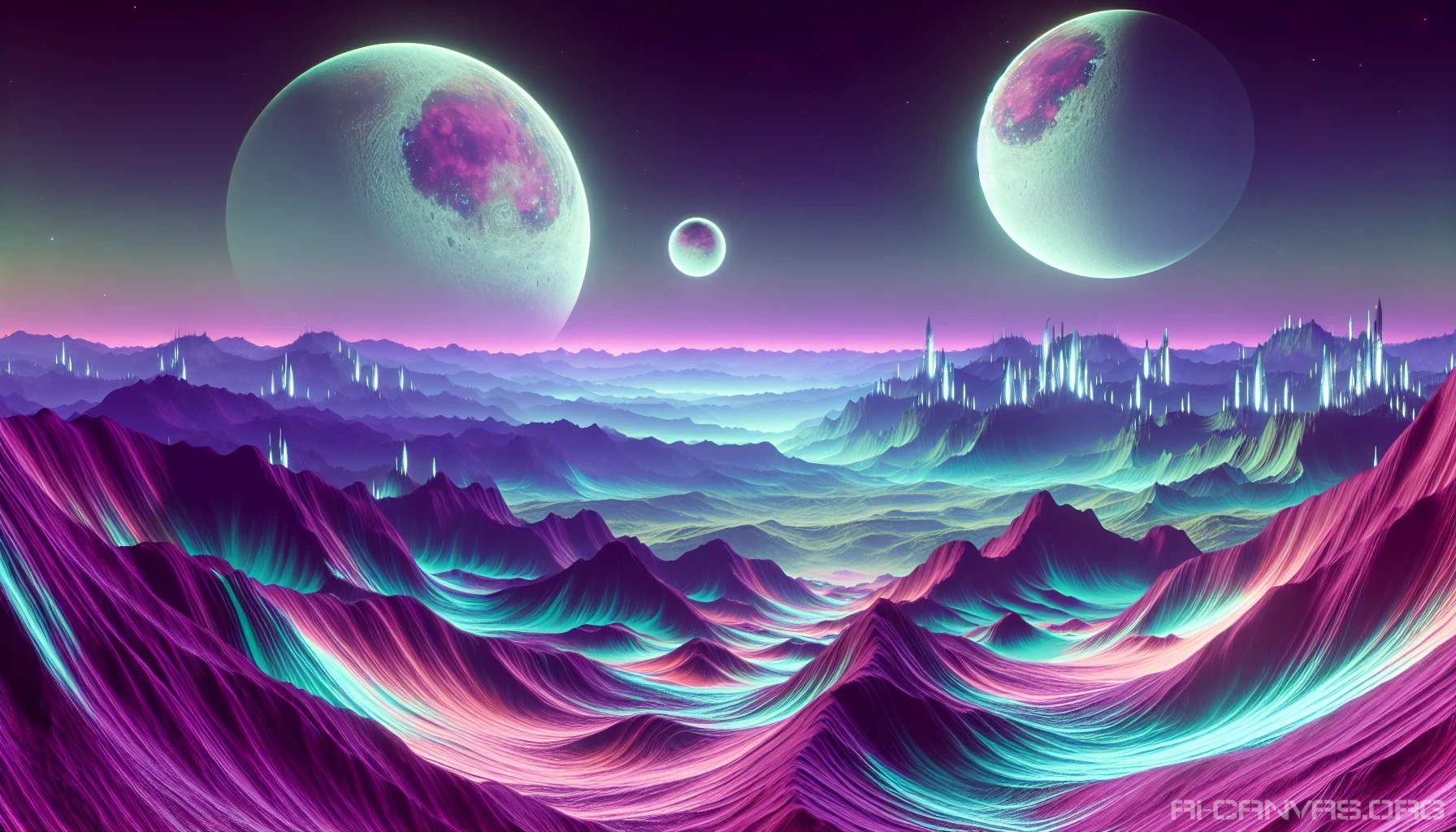Visualize a surreal landscape of a vibrant alien planet, where three large moons hover majestically in a purple-hued sky, casting ethereal shadows on the terrain below. The surface features undulating hills adorned with luminescent flora that glows in shades of teal and magenta. Wispy clouds drift lazily across the horizon, while distant mountains shimmer with crystalline peaks, creating a dreamlike atmosphere that invites exploration and wonder.