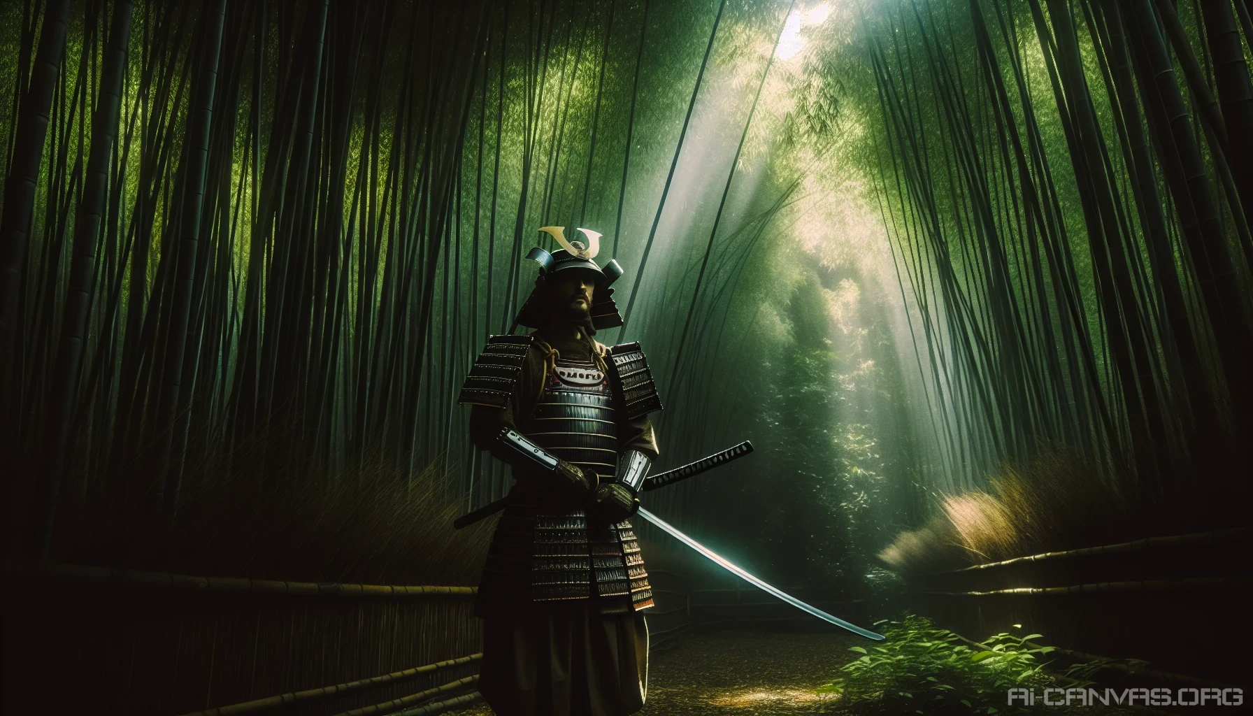 In a tranquil bamboo forest, a lone samurai stands poised, his traditional armor glistening under dappled sunlight. Tall green stalks sway gently around him, creating a vibrant backdrop. His katana, shimmering with purpose, reflects the delicate light filtering through the leaves. The air is thick with a serene stillness, evoking a sense of ancient wisdom and the quiet strength of a warrior at peace with nature.
