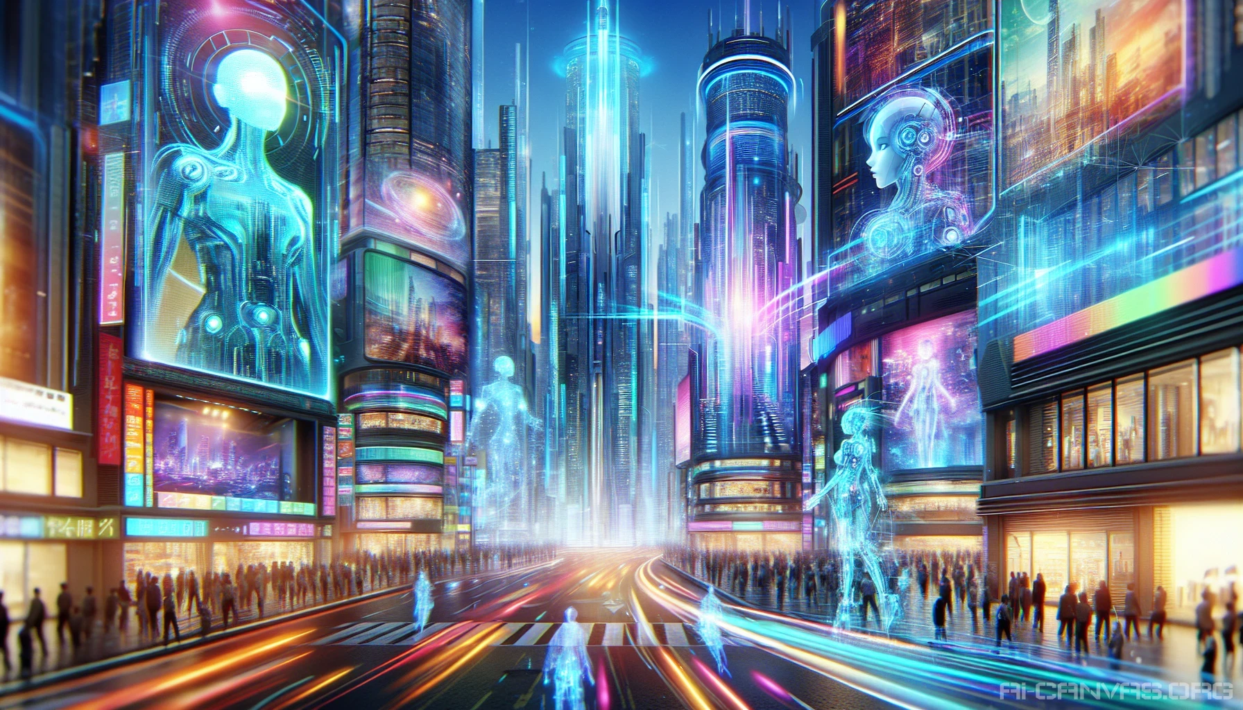 Immerse yourself in a futuristic landscape where vibrant, holographic visuals blend seamlessly with a sci-fi anime aesthetic. Picture soaring skyscrapers adorned with luminous advertisements, while ethereal characters adorned in sleek, high-tech gear navigate the bustling streets. The atmosphere shimmers with a kaleidoscope of colors, as translucent images flicker to life, creating a mesmerizing vision of a world where technology and creativity intertwine in stunning harmony.