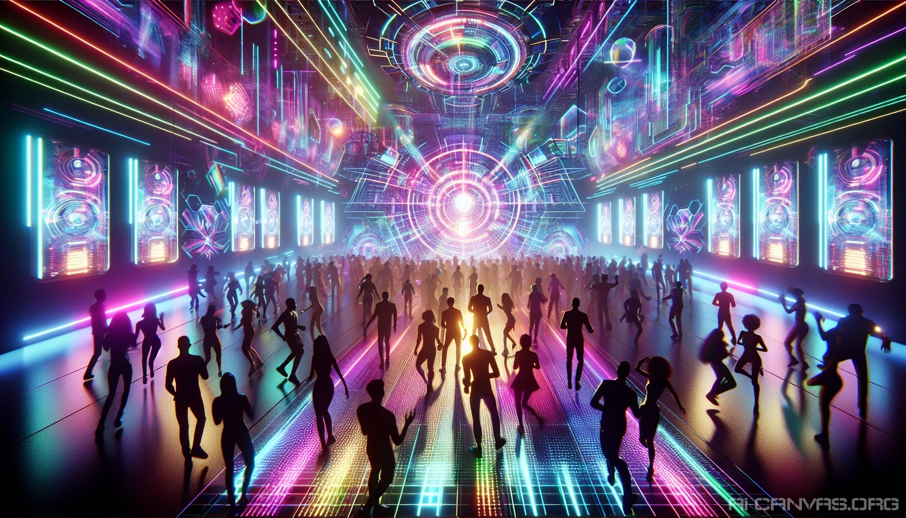 Immerse yourself in a vibrant cyberpunk nightclub, where the air is electric with pulsing neon lights. A sea of people, dressed in eclectic styles, thrums to the beat on a crowded dance floor, their silhouettes illuminated in kaleidoscopic colors. Holographic screens flicker with dynamic visuals, while the thumping bass reverberates through the walls, creating an atmosphere of unrestrained energy and futuristic allure.