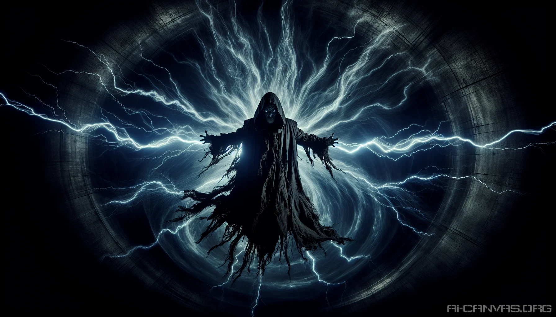 In a dark, stormy landscape, a menacing villain stands with outstretched arms, channeling a powerful shockwave that ripples through the air. Lightning crackles around them, illuminating their fierce expression and tattered cloak. The ground shakes, sending debris flying, while shadows dance ominously in the swirling chaos. The energy emanating from the villain creates a pulsating aura, mesmerizing yet terrifying, as the world around them succumbs to their catastrophic might.