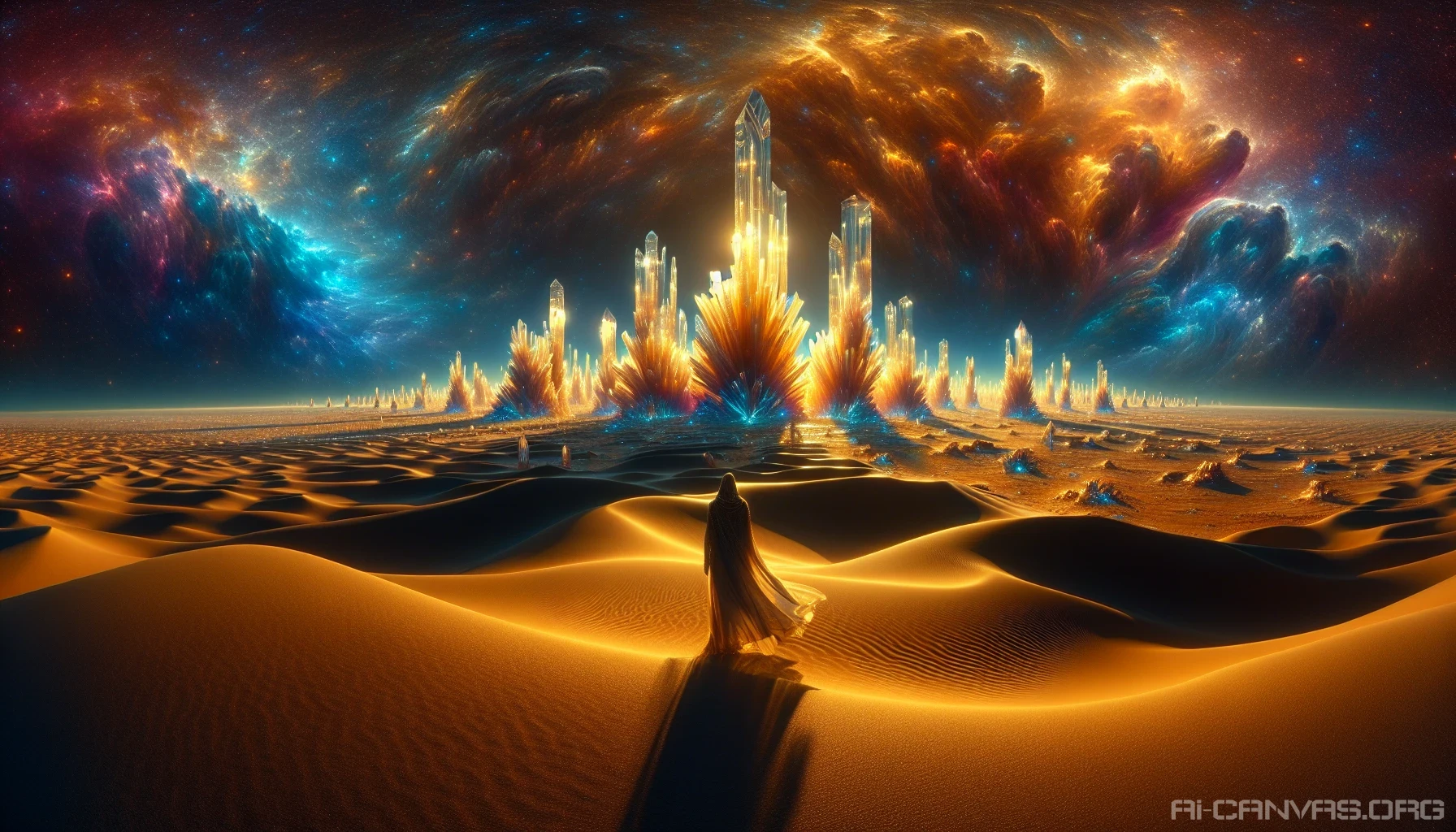 Picture a vast, otherworldly desert, where twinkling crystals rise from the golden sands, reflecting light in a dazzling spectrum. The sky above transitions from a brilliant azure to a deep indigo, dotted with ethereal clouds glowing softly. In the foreground, a solitary figure, clad in flowing robes, gazes in awe at the radiant formations, while shimmering mirages dance in the distance, creating an enchanting atmosphere of magic and wonder.