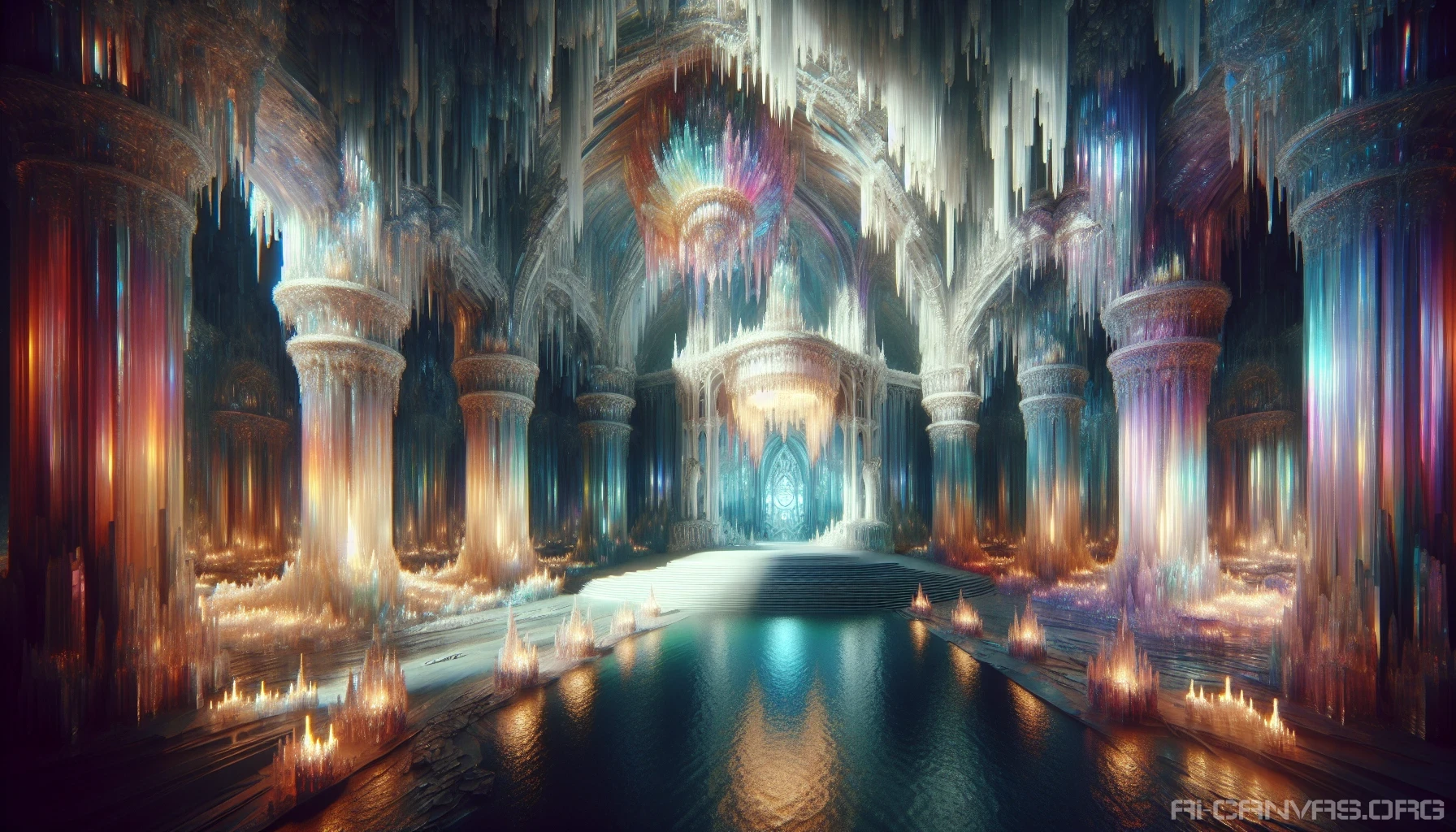 Imagine a grand cathedral carved from shimmering crystals, set deep within a hidden underground cavern. The walls pulse with a soft, iridescent glow, casting vibrant reflections across the stone floor. Stalactites hang like chandeliers, while a tranquil underground river flows nearby, mirroring the cathedral's beauty. Intricate crystal sculptures of mythical creatures adorn the altar, inviting whispers of ancient legends that echo through the hallowed halls.