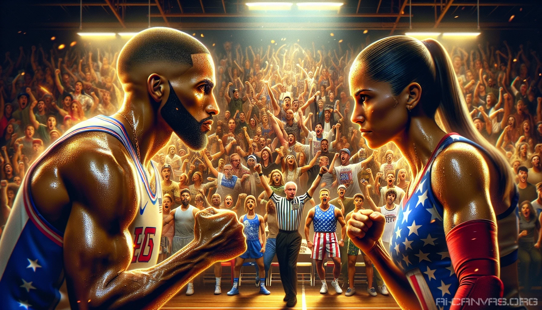 In a vibrant, bustling gym where tension crackles in the air, two fierce athletes from opposing teams face off. Their eyes locked in fierce determination, sweat glistens on their brows as each prepares for the battle ahead. The crowd roars with anticipation, banners waving, emotions high. Capturing the intensity of their rivalry, the scene pulsates with energy, embodying the spirit of competition and unyielding resolve.