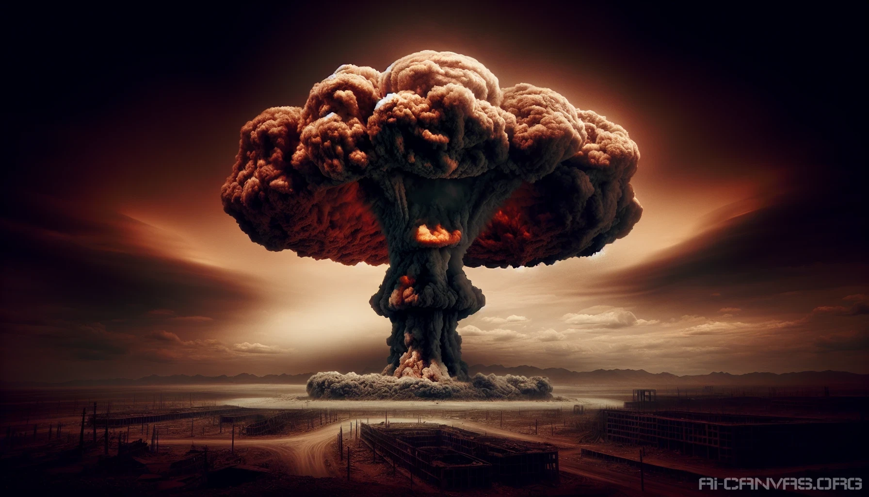 A towering, ominous mushroom cloud billows into the sky, painted in shades of fiery orange and deep gray, casting eerie shadows over a barren landscape. The explosion's core radiates intense light, illuminating the desolation below, where remnants of civilization lie in ruins. The chilling silence amplifies the ominous beauty of the scene, evoking a sense of awe and dread in the face of nature's devastating power.