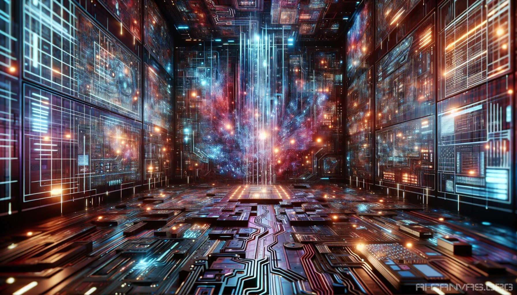 Immerse yourself in a high-tech hacker den, where the air buzzes with the hum of advanced technology. Holographic screens flicker with streams of data, casting an ethereal glow over glowing circuits seamlessly woven into the walls. Deep, cinematic lighting bathes the space in rich hues, creating a mysterious, immersive atmosphere. The scene pulses with a vibrant energy, capturing the essence of a cyberpunk utopia.