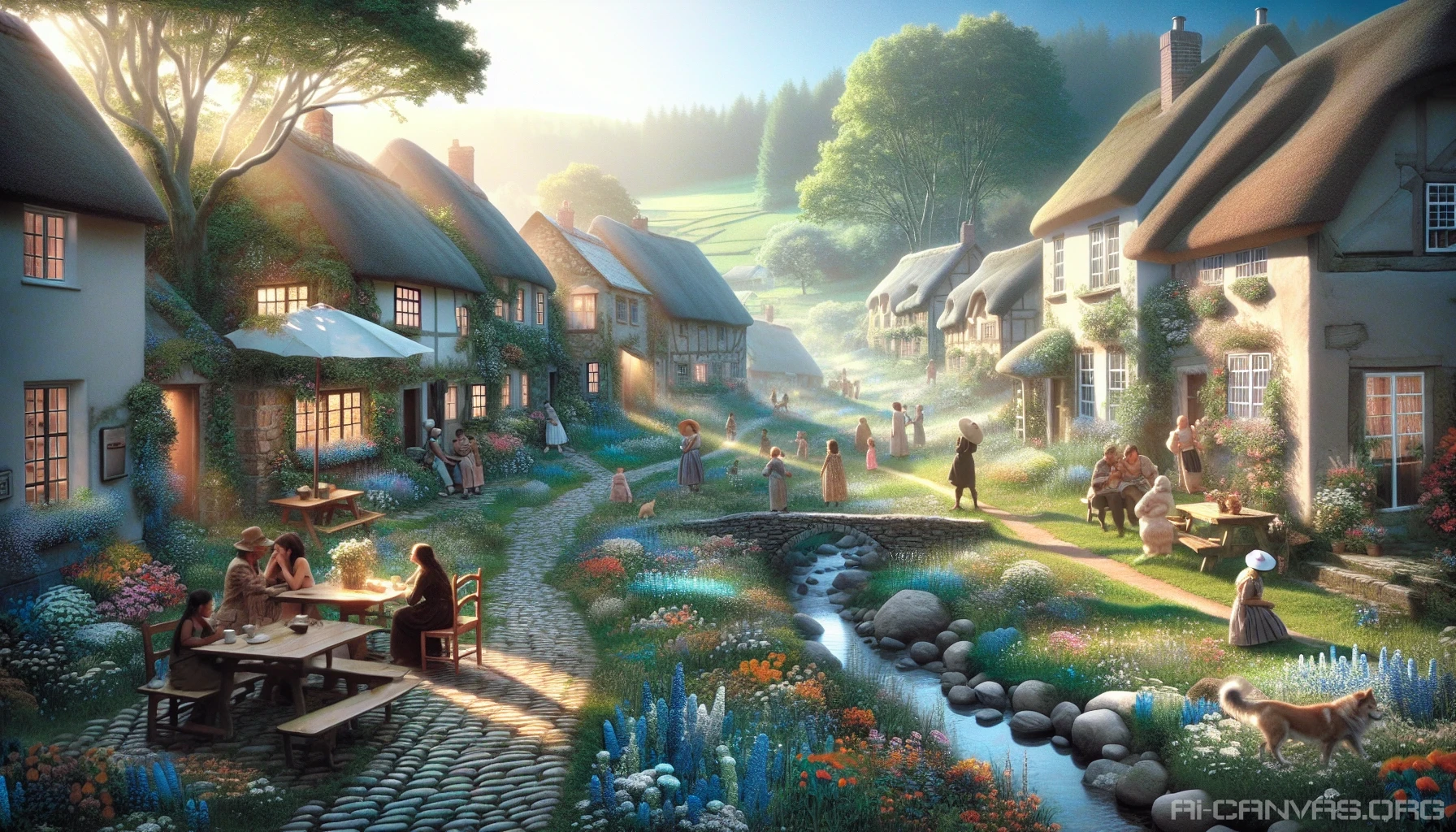 Imagine a quaint, sun-drenched village where time seems to stand still. Cobblestone streets wind through fields of wildflowers, and charming cottages dot the landscape. Locals gather at a rustic café, sharing stories over steaming cups of coffee. Children play near the babbling brook, laughter echoing in the gentle breeze. This idyllic scene captures the essence of community and simplicity, inviting viewers to savor the beauty of everyday moments.