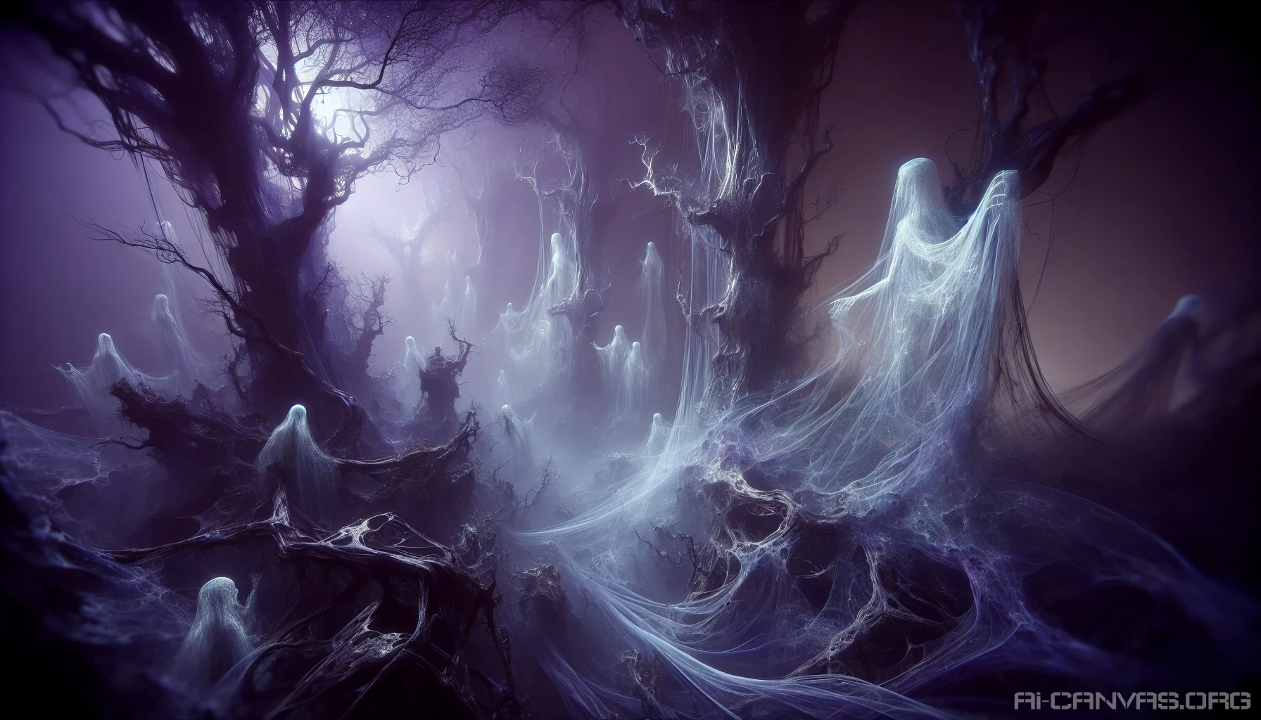 Visualize a hauntingly beautiful scene from the Netherworld, where ethereal spirits glide through a mist-laden forest. The gnarled trees twist and stretch toward a twilight sky, painted in hues of deep purple and silver. Phantom-like creatures peek through the shadows, their translucent forms shimmering with a spectral glow. Wisps of fog swirl around ancient ruins, creating an atmosphere of mystery and allure, inviting viewers to explore the depths of this supernatural realm.