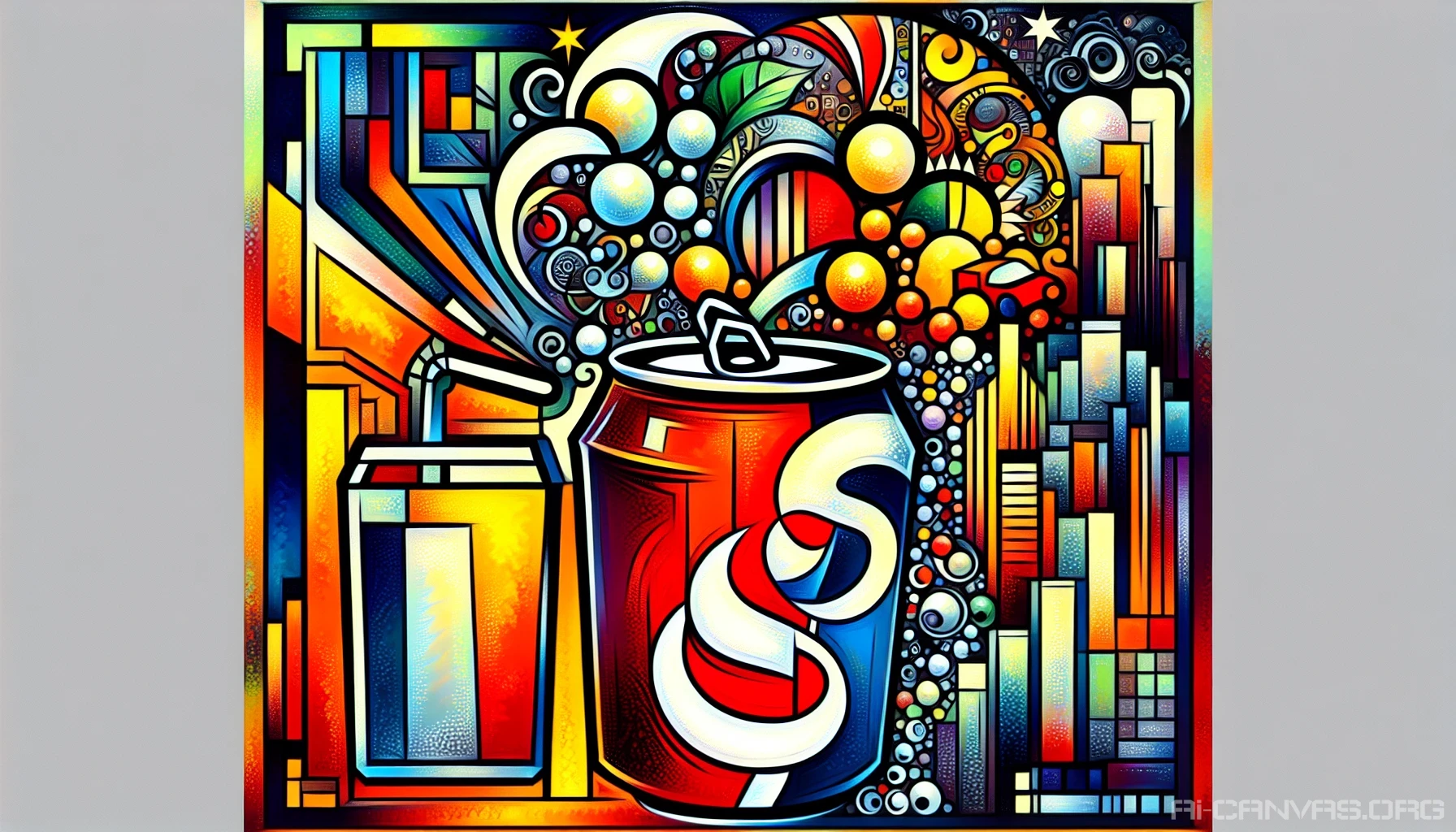 Dive into a vibrant pop art scene that bursts with energy and imagination. Imagine bold, contrasting colors and oversized, graphic icons, seamlessly blending everyday objects with whimsical imagery. This piece showcases a playful commentary on consumer culture, featuring stylized representations of iconic items—like soda cans and comic strips—set against a dynamic backdrop that captures the essence of urban life in a retro-futuristic twist.