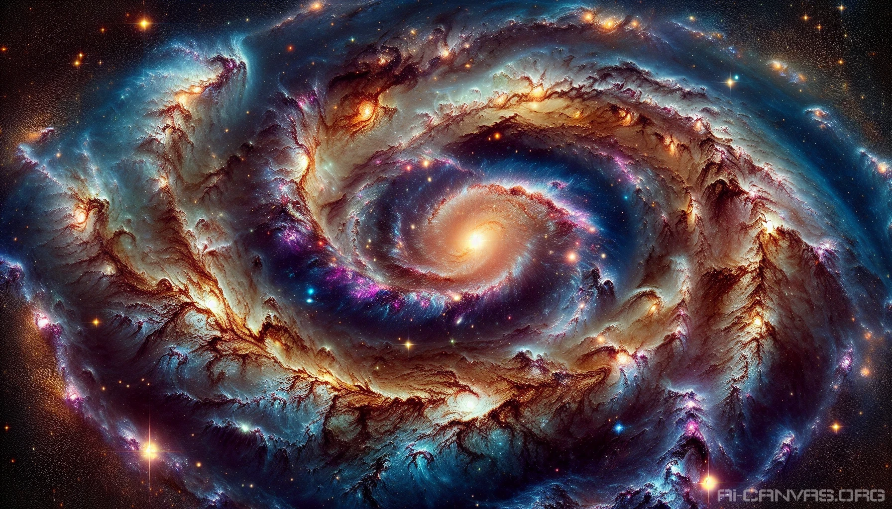 Visualize a breathtaking cosmic scene where vibrant galaxies spiral gracefully around a luminous central star. Nebulae in rich hues of violet, blue, and gold weave intricate patterns across the vastness of space. The backdrop is a tapestry of twinkling stars, each one a distant sun. Ethereal wisps of stardust linger in the air, creating a surreal atmosphere that evokes awe and wonder in the infinite universe.