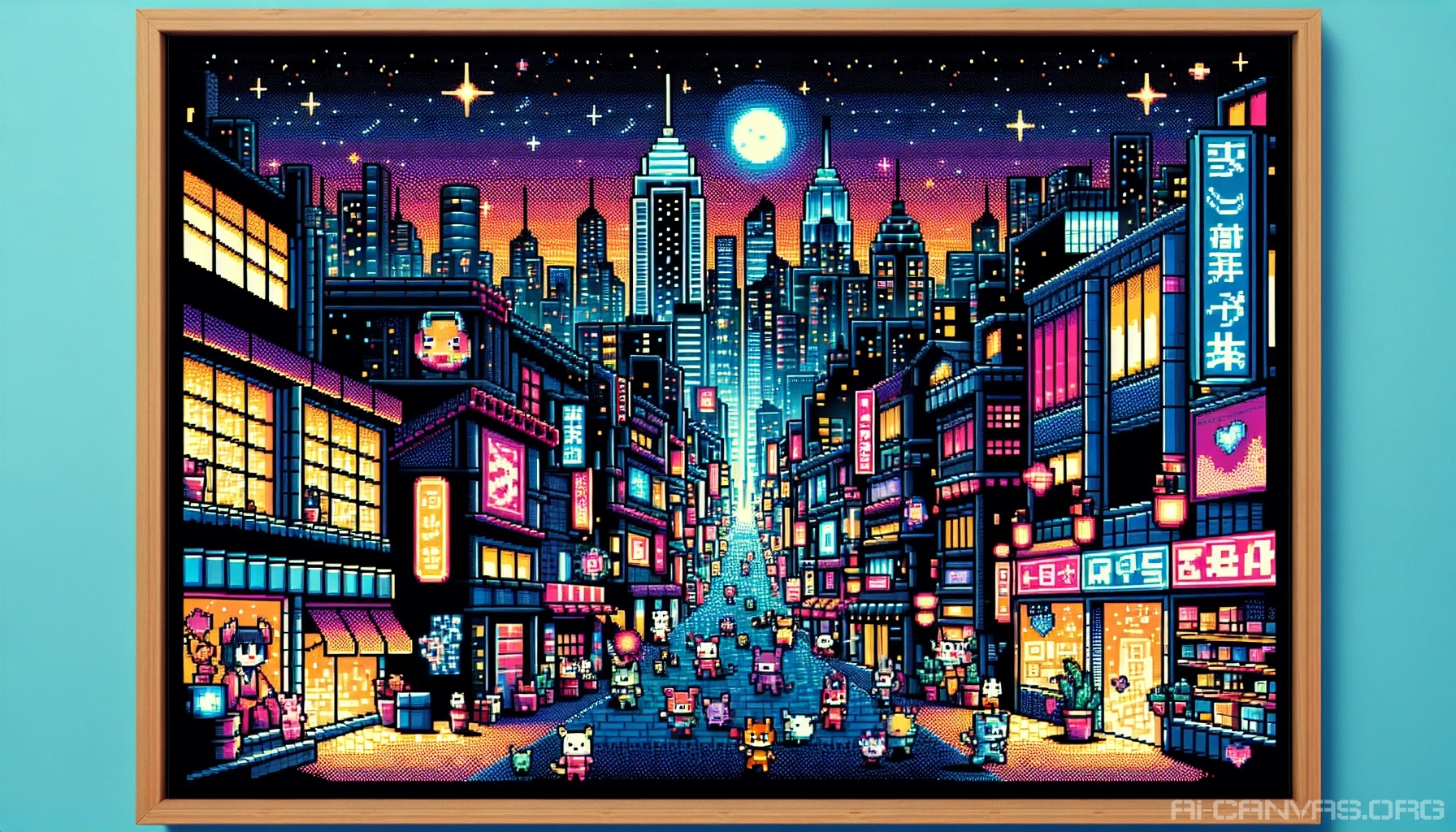 Dive into a vibrant world where retro pixel art merges with the charm of anime aesthetics. Visualize a bustling cityscape filled with neon lights, pixelated characters with oversized eyes, and whimsical creatures wandering the streets. The skyline glimmers under a starry night, while quirky shops line the pixelated alleyways, inviting you to explore. Capture the essence of nostalgia through bold colors and imaginative designs, breathing life into this enchanting, pixelated universe.
