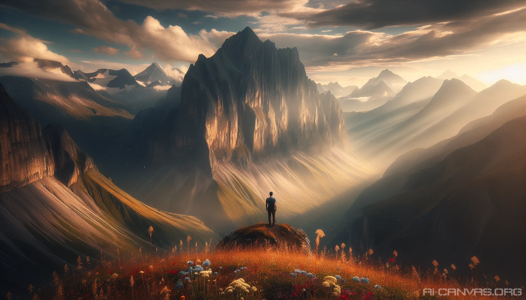 A solitary figure stands on the edge of a rugged cliff, gazing out at a sprawling landscape of majestic mountains bathed in golden sunlight. Wisps of clouds drift lazily across the peaks, while vibrant wildflowers carpet the foreground, swaying gently in the breeze. The scene captures a moment of breathless wonder, as the vastness of nature envelops the viewer, igniting a profound sense of humility and admiration.