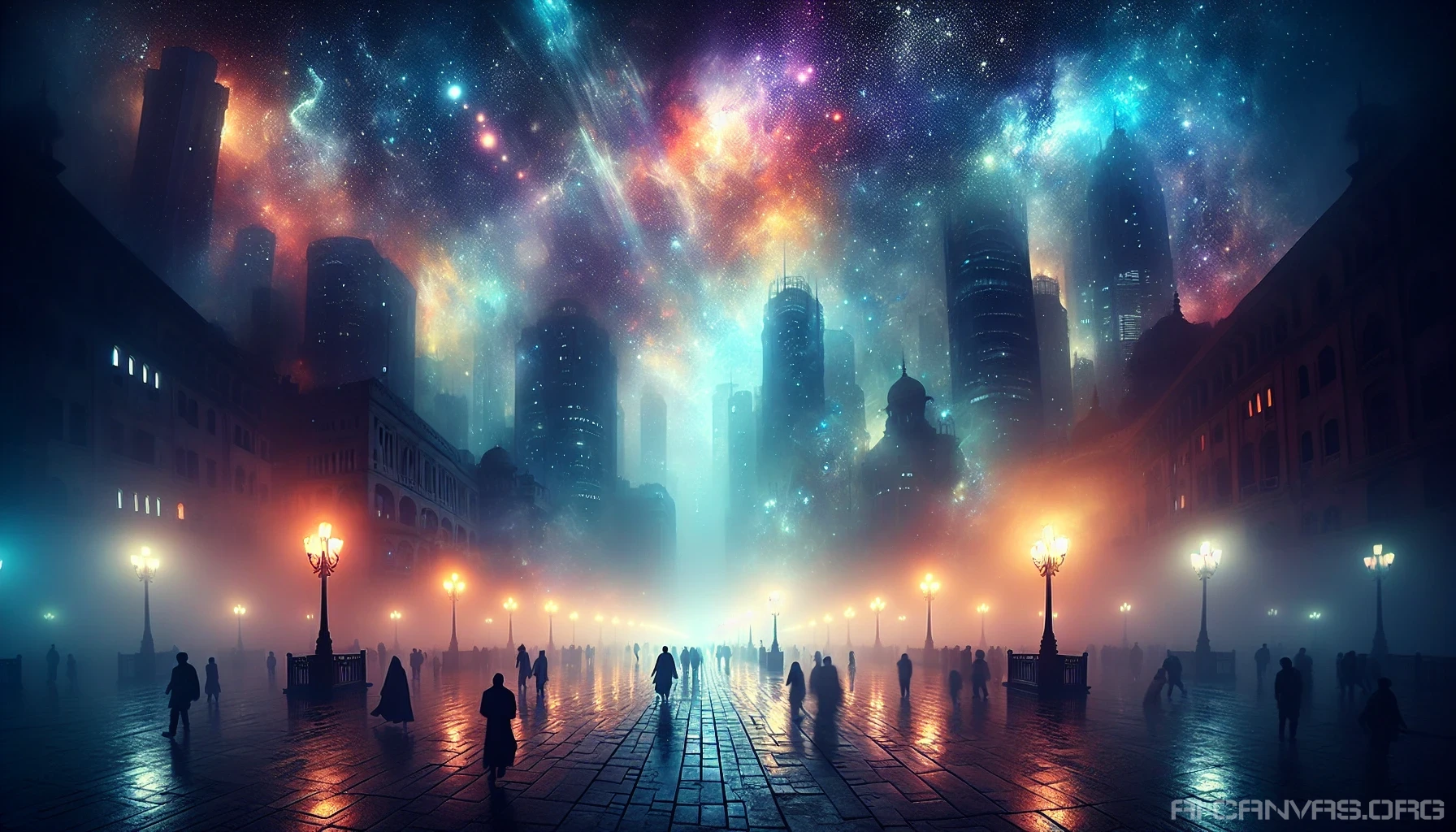 Envision a sprawling metropolis enveloped in the enchanting gloom of perpetual twilight. Towering skyscrapers draped in glowing neon lights pierce the misty haze, while shadows dance in the alleyways below. Silhouetted figures traverse the cobblestone streets, their faces illuminated by the eerie luminescence of flickering street lamps. Above, an iridescent sky teems with distant stars, casting a magical glow over this captivating realm caught between dreams and reality.