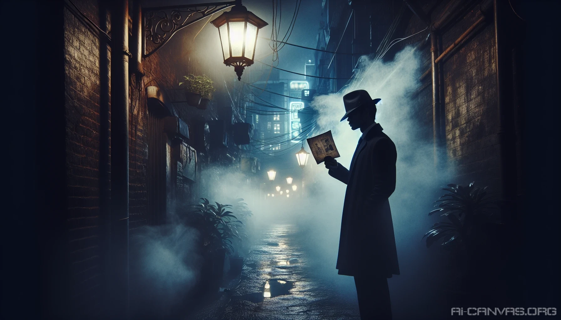 A shadowy figure stands beneath a flickering street lamp, the brim of his fedora casting a dark veil over his eyes. The mist swirls around him in the dimly lit alley, with crumbling brick walls and glistening rain-slicked pavement. An enigmatic cityscape looms in the background, its neon signs reflecting the tension of a mystery waiting to be unraveled, as the detective clutches a faded photograph, seeking the truth hidden in the dark.