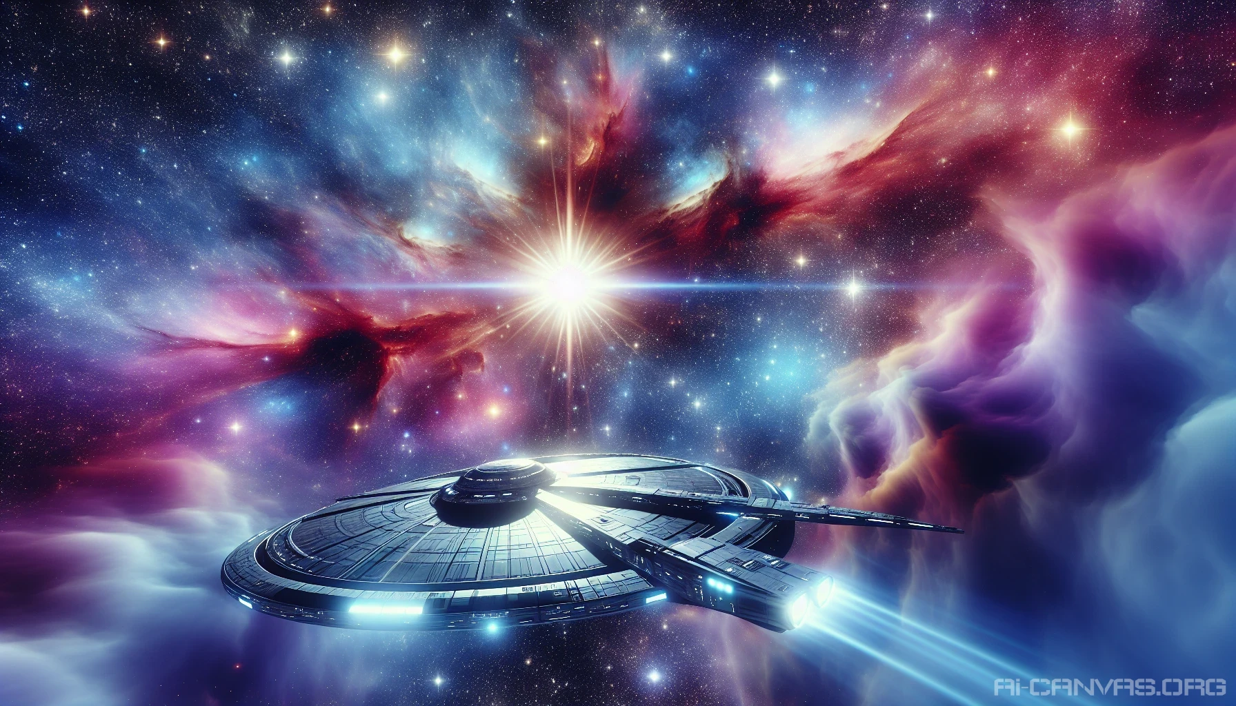 A sleek, futuristic spaceship glides gracefully through an ocean of twinkling stars, its metallic hull reflecting the vibrant hues of a distant nebula. Ethereal clouds swirl around the spacecraft, while an immense, glowing star looms in the background, casting brilliant rays of light. The vastness of space envelops the scene, inviting viewers to embark on a thrilling journey through the cosmos and explore the unknown.