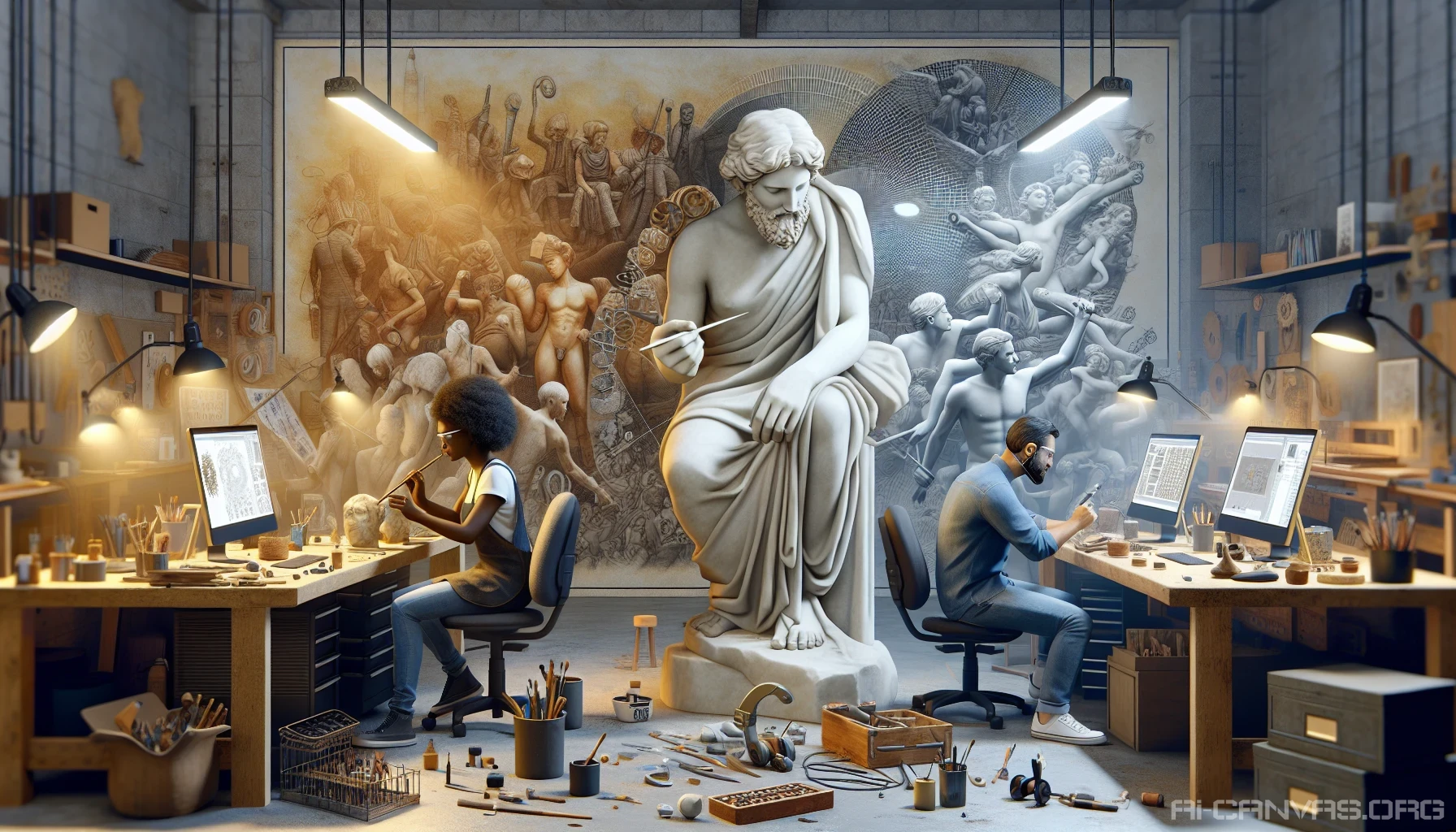 Envision a bustling workspace where creativity thrives, showcasing artisans engaged in their crafts. The scene captures a diverse group, from sculptors to digital designers, each immersed in their labor under warm, ambient lighting. Tools and materials are scattered around, reflecting the beauty of hard work. A mural depicting the evolution of labor looms in the background, celebrating the rich tapestry of human creativity and effort.