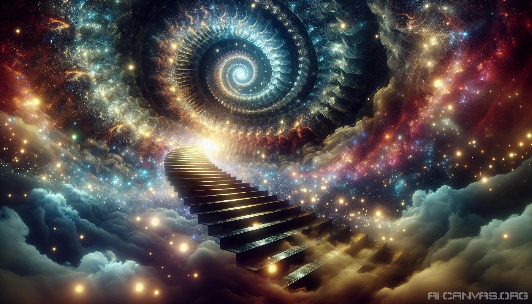 Envision a surreal landscape featuring an infinite spiral staircase that elegantly winds upward into an abyss of shimmering stars and dark voids. Each step glimmers with ethereal light, illuminating the path with vibrant hues that blend into the deep cosmic black. Ethereal mist swirls around the staircase, creating a sense of endlessness and mystery, inviting the viewer to contemplate the infinite journey into the unknown.