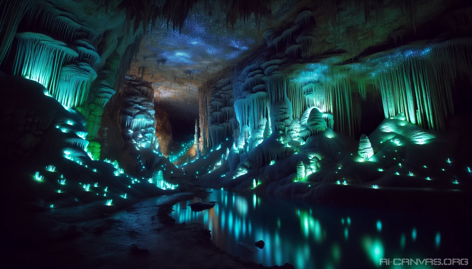 Dive into a stunning underground world where the walls shimmer with vibrant bioluminescence. The cave's crystalline formations glisten in hues of blue, green, and violet, casting a magical glow over the tranquil underground water pool. Stalactites drip with luminescent droplets, while the air is thick with mystery and beauty. A soft, otherworldly light illuminates the path, inviting explorers to uncover the secrets that lie within.