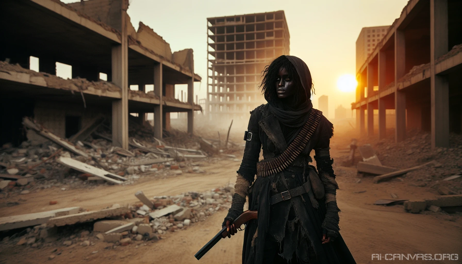 In a desolate urban landscape, a lone figure stands defiantly amidst crumbling buildings and scattered debris, wearing tattered clothes that tell stories of hardship and resilience. Clutching a weathered rifle, their eyes reflect determination and survival instinct. The setting sun casts an orange hue, illuminating the dust in the air, creating an atmosphere of both despair and hope, as the survivor prepares to face an uncertain future.