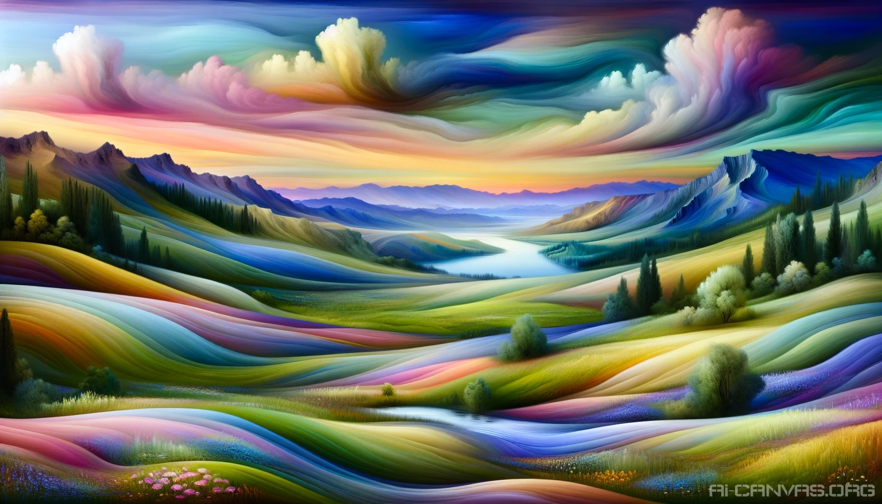 Imagine a serene landscape where vibrant hues blend seamlessly, creating a surreal panorama. Wispy clouds float above rolling hills painted in soft pastels, while a gentle river winds through lush meadows dotted with wildflowers. Silhouettes of distant mountains loom under a twilight sky. This ethereal scene evokes a sense of peace, inviting viewers to wander into this whimsical world, where every brushstroke tells a story of beauty and tranquility.
