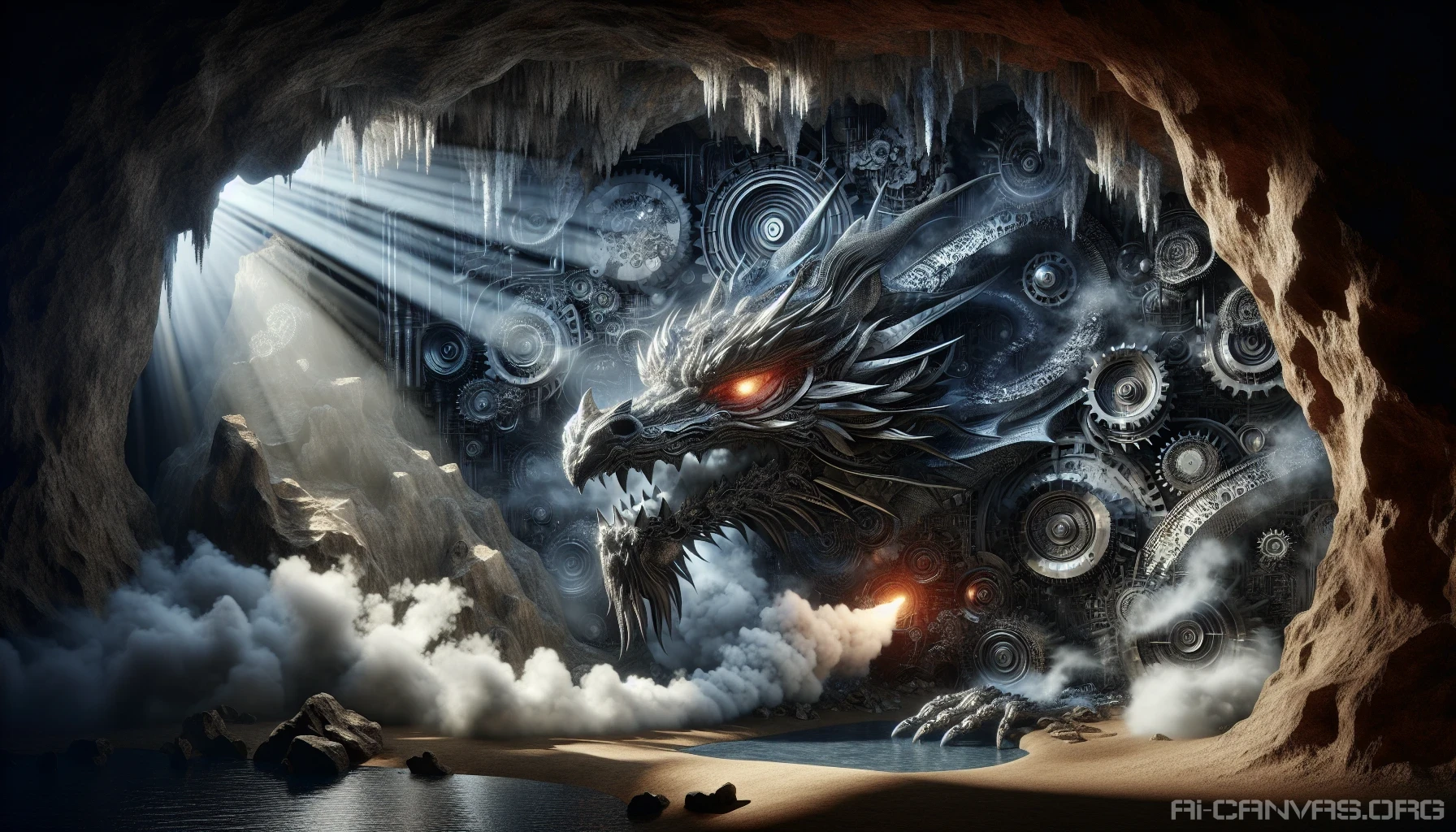 Imagine a sprawling lair nestled within a cavern, where the metallic scales of a colossal dragon glint in the dim light. Intricate gears and steam vents surround its nest of sparkling gems, and the walls hum with a symphony of machinery. Wisps of vapor float through the air, casting shadows that dance eerily, while the dragon's fiery gaze reflects a blend of ancient myth and futuristic innovation.