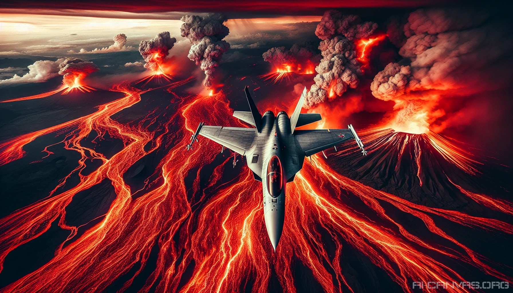 Amidst a blazing inferno of red and orange flames, sleek fighter jets roar overhead, their metallic bodies glinting in the fierce glow. The ground below is a chaotic tapestry of volcanic eruptions and swirling smoke, creating a dramatic backdrop for the aerial display. Beneath the tumultuous sky, the powerful roar of engines harmonizes with the crackling fire, embodying the relentless spirit of power and resilience.