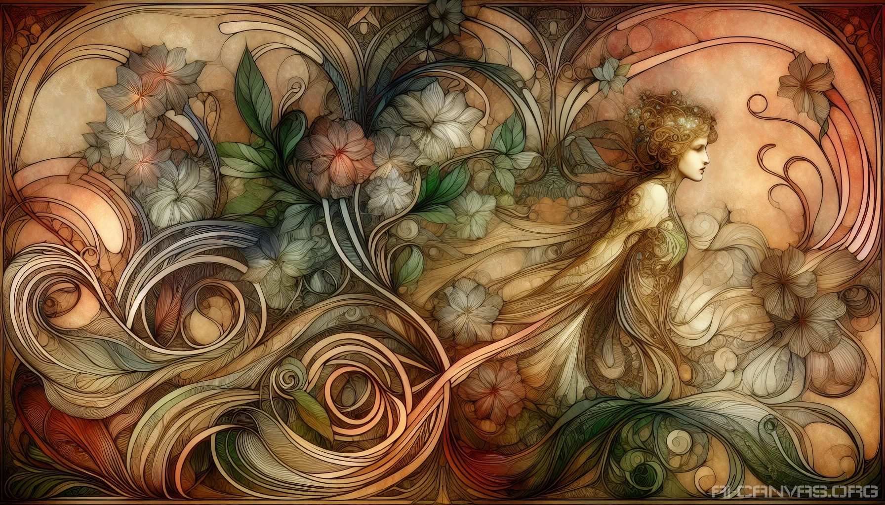 Envision a mesmerizing Art Nouveau piece where flowing organic lines intertwine with vibrant floral patterns. The design features a graceful figure, adorned in intricate garments that echo nature’s beauty, surrounded by lush, stylized blooms and swirling vines. Soft, warm colors blend seamlessly, creating an ethereal atmosphere. The interplay of light and shadow adds depth, inviting viewers into a dreamlike world of elegance and harmony.