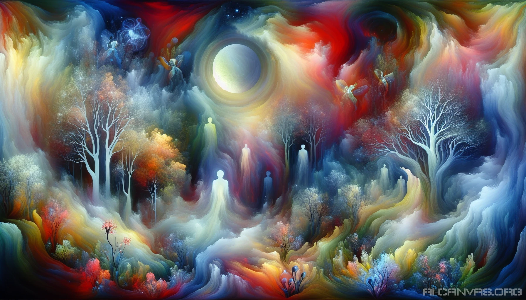 Imagine a captivating scene that embodies the heart of the Symbolism movement, featuring a surreal landscape where ethereal figures intertwine with vibrant flora. Ghostly images of mythical creatures emerge from dense, misty woods, bathed in a soft, dreamlike glow. The colors are rich and moody, reflecting deep emotions, while symbolic elements like crescent moons and blooming flowers evoke themes of life, death, and rebirth, inviting viewers to explore their inner worlds.