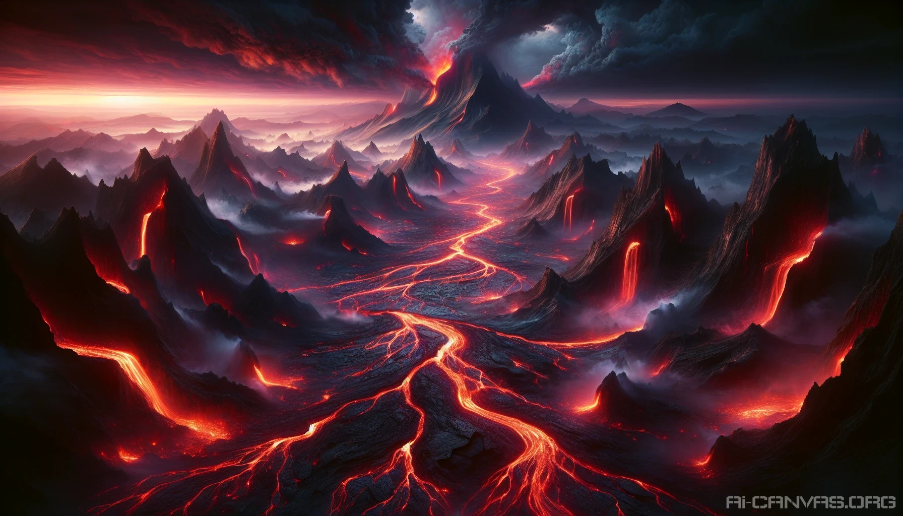 Envision a breathtaking volcanic landscape, where rivers of molten lava flow like veins through the rugged terrain. Towering peaks, shrouded in billowing smoke, contrast sharply against the vibrant orange glow of the lava. The ground is cracked and molten, while the sky above shifts from crimson to deep indigo, casting an ethereal light on the surreal scenery. This captivating scene embodies the raw power of nature in its most mesmerizing form.
