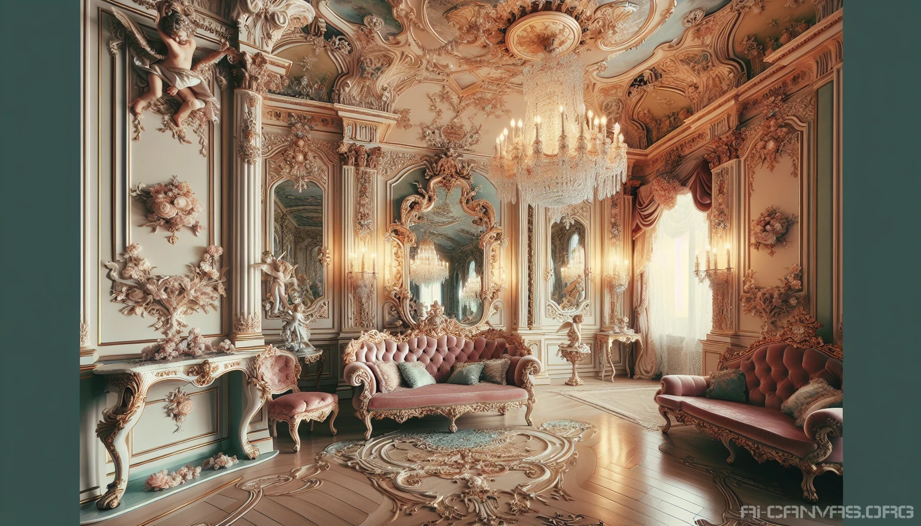 Immerse yourself in an extravagant Rococo room, where delicate pastel colors swirl together under opulent chandeliers. Intricate wall moldings are adorned with gilded patterns of cherubs and floral motifs, while plush, velvet furniture invites comfort. A grand mirror reflects the lavish decor, creating a sense of endless elegance. Every corner sparkles with whimsical artistry, evoking a dreamy atmosphere of decadence and romance, capturing the essence of 18th-century opulence.