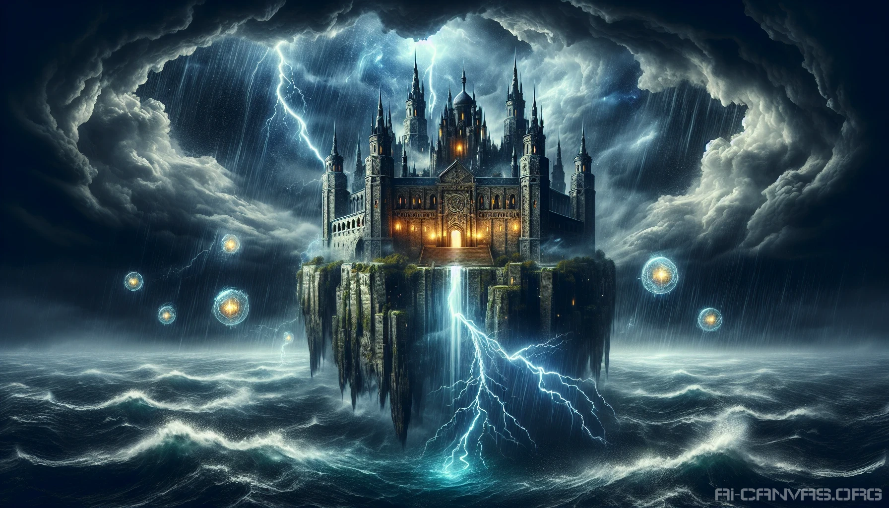 A majestic floating castle looms in the heart of a tempest, its ancient stone walls illuminated by flashes of lightning. Dark, swirling clouds envelop the structure, while sheets of rain cascade around it. Ethereal, glowing orbs hover around the turrets, casting an otherworldly light, contrasting with the chaos of the storm. Below, turbulent waves crash against unseen shores, amplifying the castle's grandeur and mystery.
