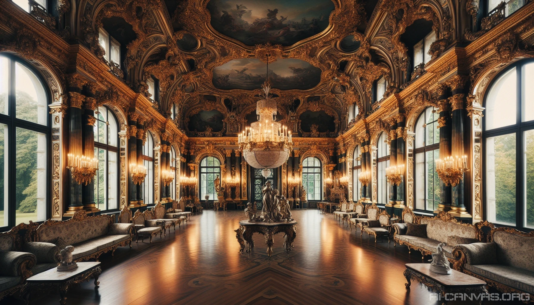Envision a grand hall drenched in the opulence of Baroque design, where intricate gold leaf details intertwine with lush velvet drapes. Chandeliers hang like constellations, casting soft, warm light over rich, dark wooden furnishings adorned with sculptures of cherubs and mythical figures. Floor-to-ceiling windows reveal a manicured garden, where marble fountains echo the splendor of a bygone era, inviting a sense of timelessness and grandeur.