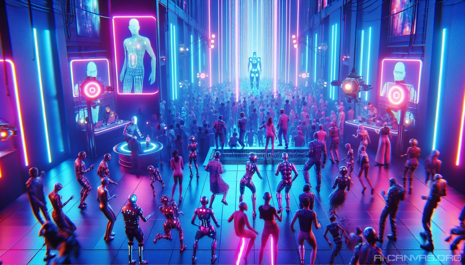 Immerse yourself in a vibrant cyberpunk nightclub, illuminated by pulsating electric blue and pink neon lights. Relish the electric atmosphere as futuristic beings of all shapes and styles dance energetically beneath mesmerizing holographic spotlights. The air is thick with anticipation and music, where augmented reality meets the raw energy of the crowd, creating an unforgettable experience of unity in a dazzling digital realm.