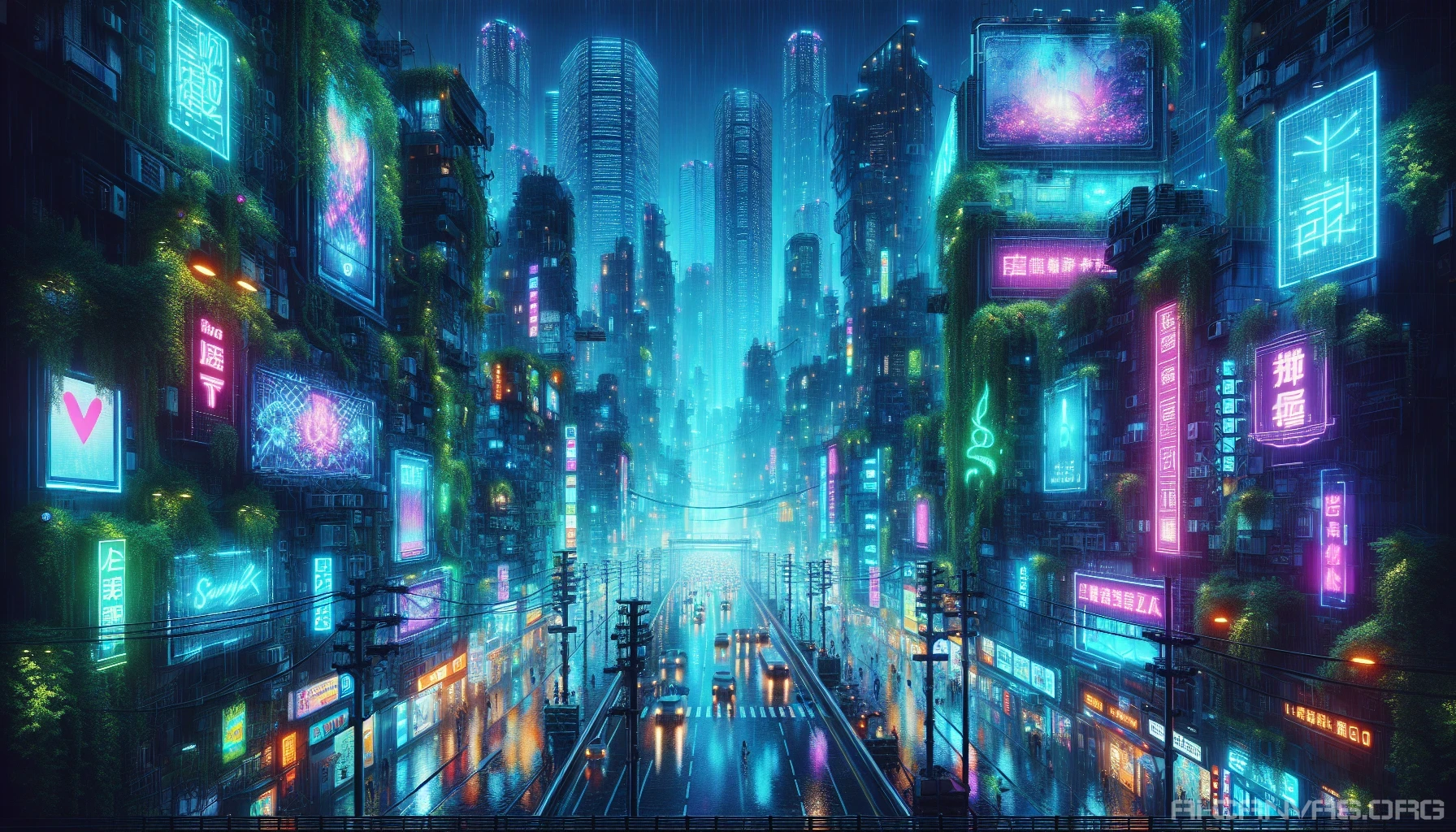 Immerse yourself in a neon-drenched cyberpunk metropolis at midnight, where rain-soaked streets glisten with reflections of vibrant holographic billboards and flashing LED signs. Towering skyscrapers loom overhead, adorned with electric vines that pulse with life. In this bustling urban jungle, the air is alive with the hum of technology and the scent of rain, creating a mesmerizing dance between nature and innovation.