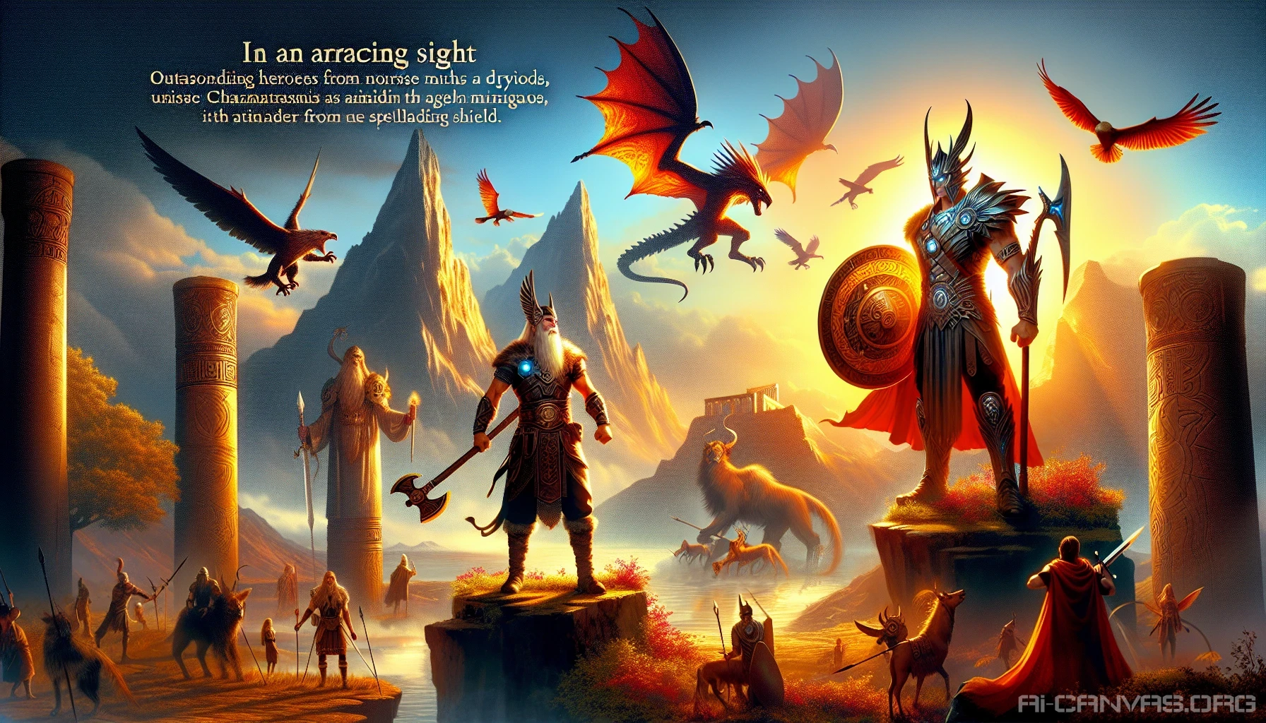 Envision a grand scene where legendary heroes from various mythologies converge amidst breathtaking landscapes. Picture a valiant warrior from Norse legends brandishing a mighty axe next to a graceful Greek demigod wielding a shimmering shield. Ethereal creatures soar above, and ancient ruins loom in the background, bathed in golden sunlight. This captivating tableau celebrates the heroic spirit and the timeless allure of mythology.