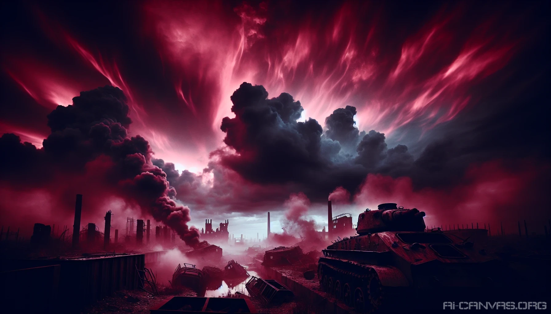 Beneath a turbulent, blood-red sky, a desolate battlefield stretches into the horizon, scarred by the remnants of conflict. Ghostly silhouettes of abandoned tanks and crumbling fortifications loom in the foreground, their rusted metal reflecting the ominous glow above. Wisps of smoke rise from distant explosions, intertwining with dark clouds, creating an atmosphere thick with tension and despair, evoking a sense of haunting beauty amidst the chaos.