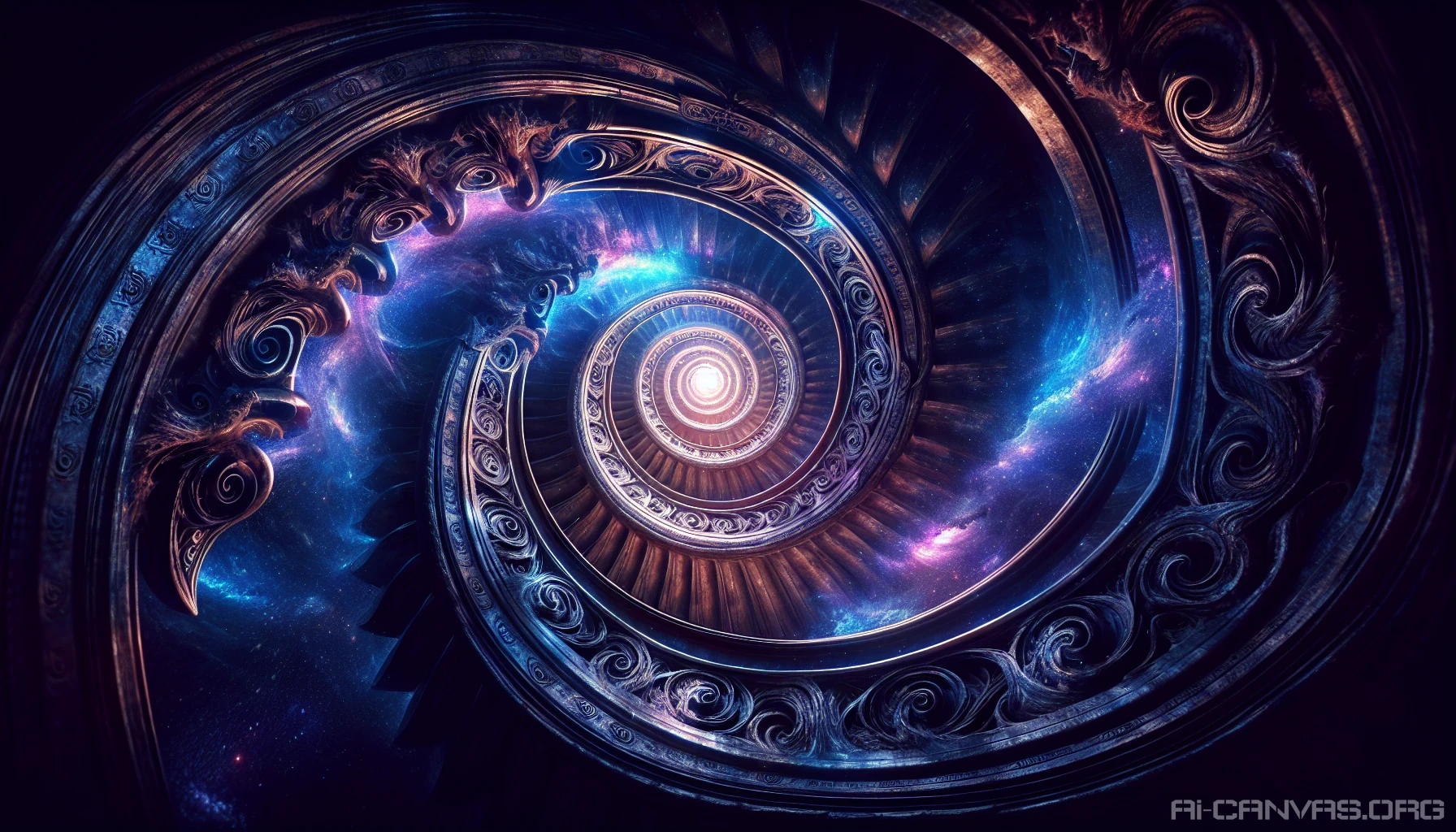 A mesmerizing, endless spiral staircase spirals upward into a swirling void, where vibrant colors of deep blues and purples fade into darkness. Ethereal wisps of light dance around the staircase, illuminating its ornate details etched with ancient runes. The void appears both inviting and treacherous, creating an atmosphere of mystery and exploration. This captivating scene beckons viewers to ascend into the unknown.