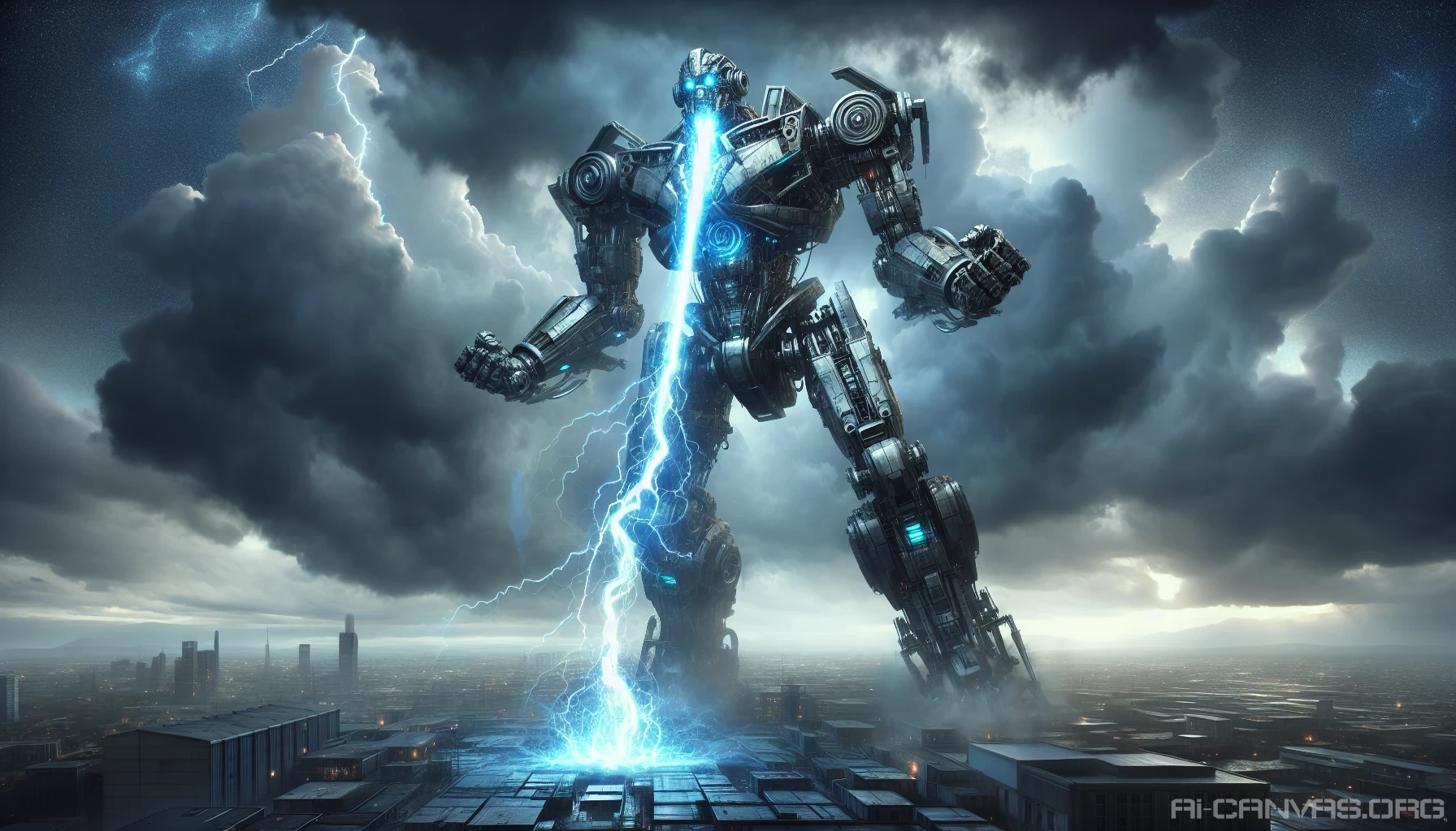 A colossal robot towers against a stormy sky, its metallic surface gleaming under flashes of lightning. With a fierce roar, it channels a pulsating blue energy beam from its outstretched arm, illuminating the battlefield with an otherworldly glow. The ground trembles as the beam pierces the clouds, crackling with raw power, while the distant silhouettes of skyscrapers loom, emphasizing the sheer scale of this mechanical behemoth.