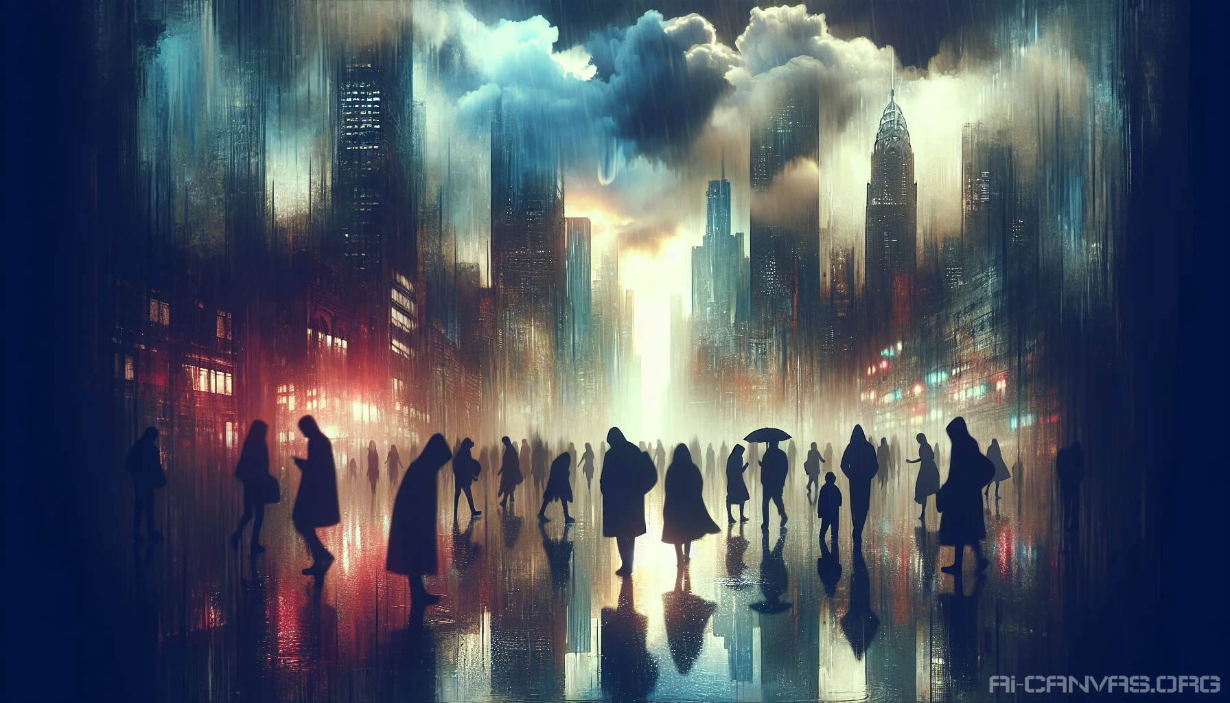 Imagine a melancholic city drenched in rain, where dark clouds loom overhead, casting a somber atmosphere. The streets glisten with puddles reflecting the dim light of flickering neon signs. Silhouetted figures, burdened by their own struggles, wander aimlessly, their expressions a blend of hope and despair. Delicate raindrops fall, symbolizing tears, as the scene captures the poignant essence of sorrow intertwined with the fight for resilience.