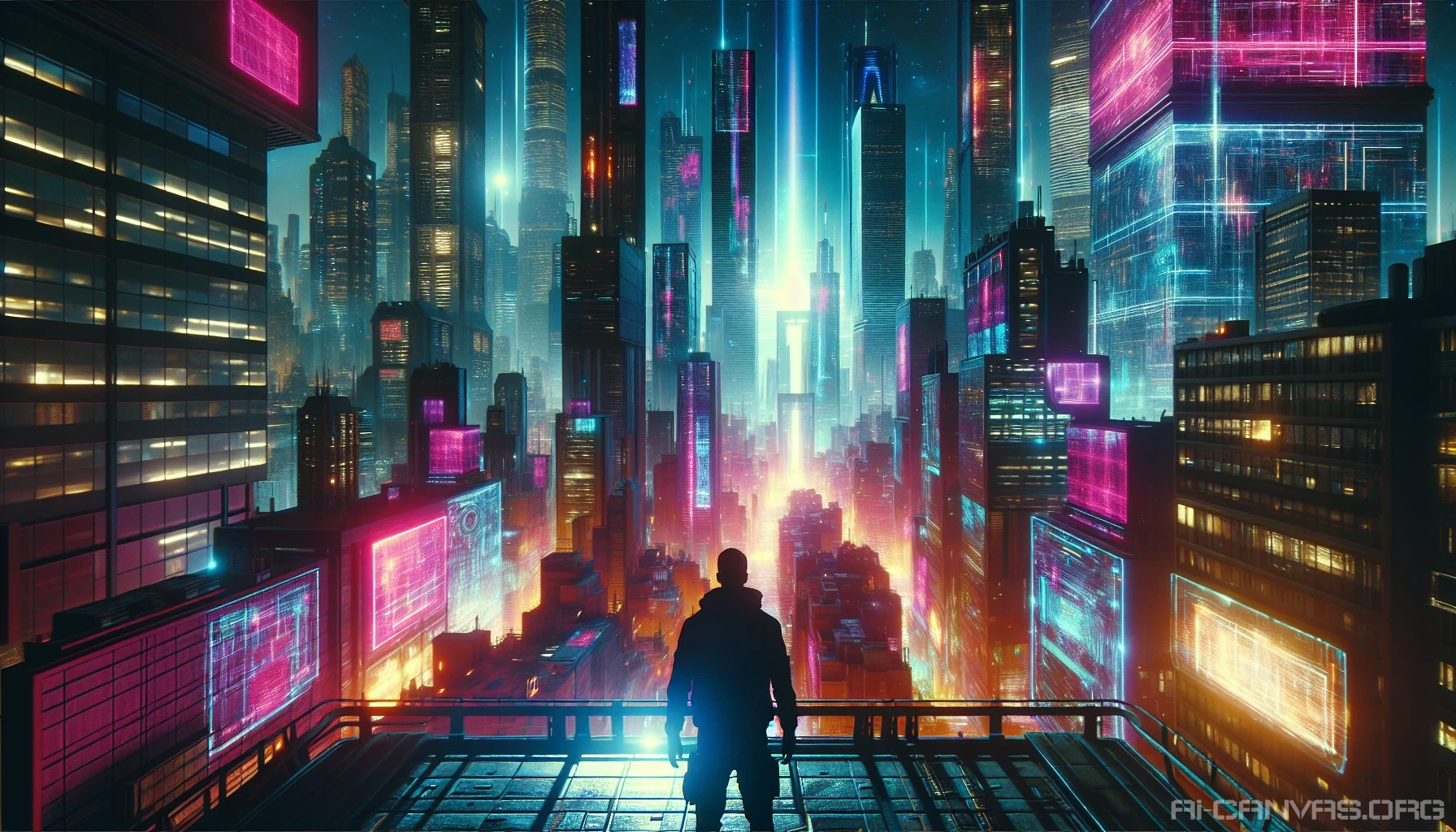 A lone figure stands on a futuristic urban rooftop, gazing out over a sprawling cyberpunk metropolis bathed in vibrant neon lights. Skyscrapers loom, their glass surfaces reflecting a kaleidoscope of colors from the bustling streets below. Above, a glowing digital sky pulses with energy, casting an otherworldly glow on the scene. The atmosphere is thick with wonder and intrigue, inviting the viewer to delve into this mesmerizing urban landscape.