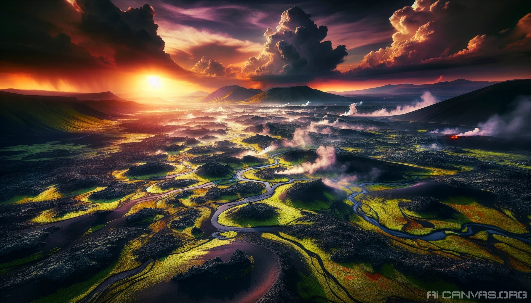 Picture a breathtaking landscape dominated by vast, undulating volcanic plains, where dark, hardened lava flows intertwine with patches of vibrant green moss. Billowing clouds of steam rise from hidden fissures, casting ethereal shadows across the terrain. The sun sets in a fiery blaze, illuminating the sky in hues of orange and purple, while distant mountains loom majestically, reminding us of nature's raw power and beauty in harmonious coexistence.