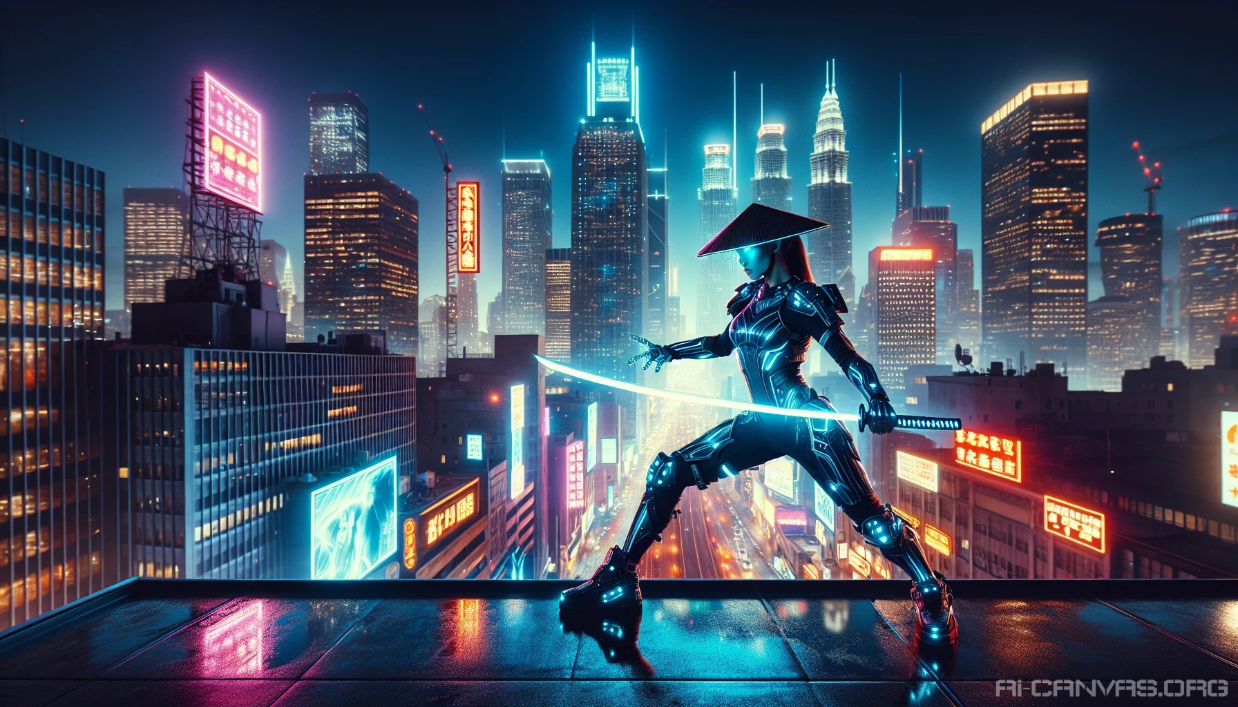 A high-tech street samurai stands poised on a sleek, reflective rooftop, the vibrant glow of the sprawling cityscape illuminating the night below. Clad in futuristic armor, the warrior grips a pulsating energy katana, its light casting dynamic shadows across their fierce countenance. Skyscrapers adorned with neon signs stretch endlessly, as the hum of the urban jungle fills the air, embodying both danger and allure in this electrifying scene.