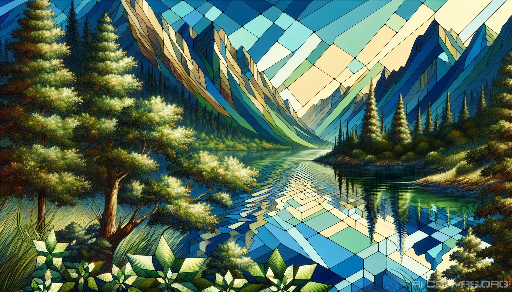 Imagine a vibrant landscape where nature and geometry intertwine. Towering mountains form sharp angles against a crystal-clear sky, while a serene lake mirrors intricate patterns of hexagons and triangles rippling across its surface. Lush greenery flourishes, each leaf arranged in calculated symmetry, creating a balance of organic beauty and mathematical precision. This scene invites you to explore the captivating connection between nature and geometric design.