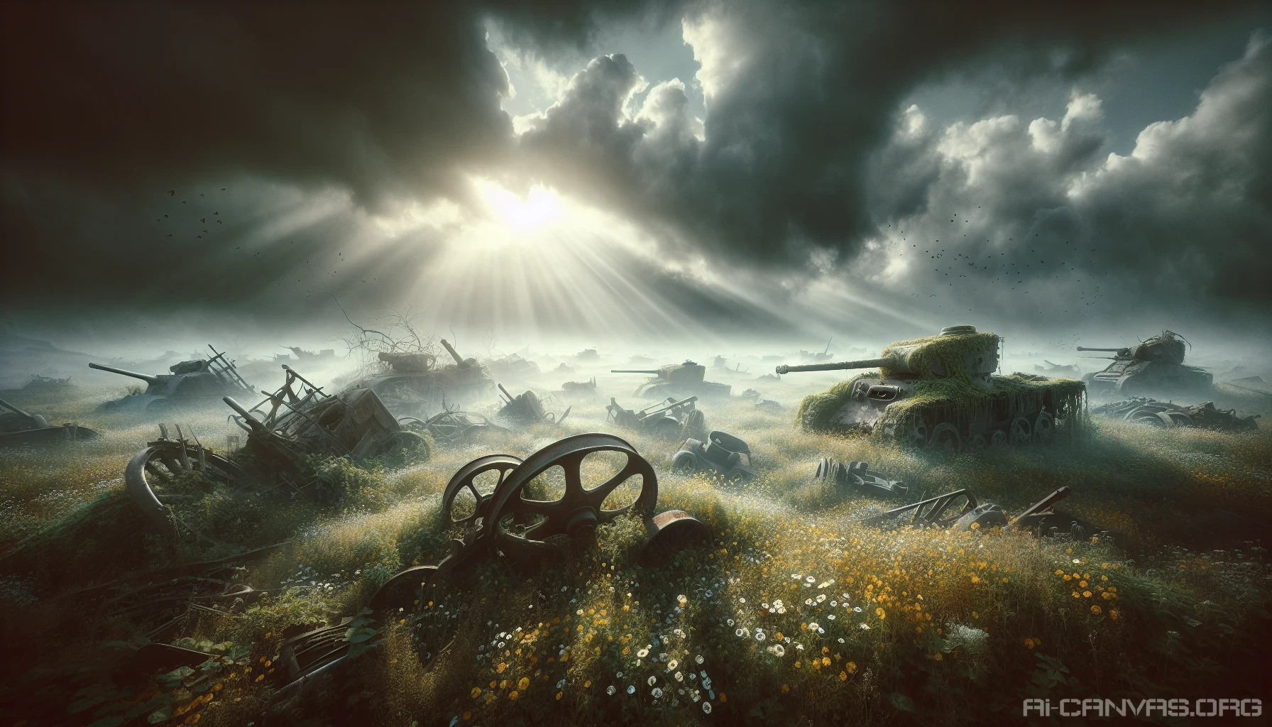 Envision a hauntingly beautiful battlefield, overrun by nature yet steeped in history. Rusting vehicles, once symbols of might, now lay scattered and decaying, cloaked in vibrant vines and wildflowers. Dappled sunlight filters through ominous clouds, casting dramatic shadows over the terrain. Each element tells a story of conflict and the relentless passage of time, inviting viewers to reflect on the remnants of a forgotten era.