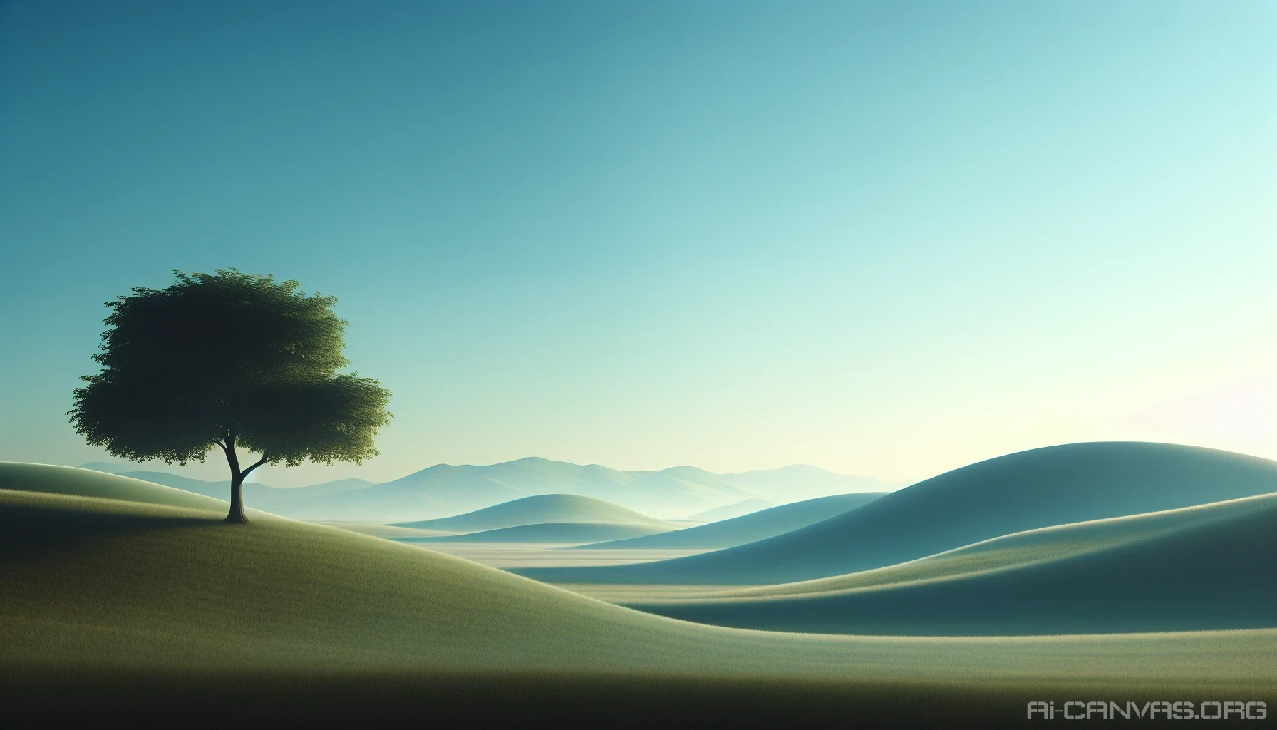 Create a serene minimalist scene featuring a tranquil landscape with gentle rolling hills under a clear blue sky. Include a single, elegantly shaped tree standing alone in a vast field, the colors muted and soft, embodying simplicity and calm. The foreground should have a subtle texture of grass, while distant hills create a sense of depth. This image should evoke feelings of peace and introspection.