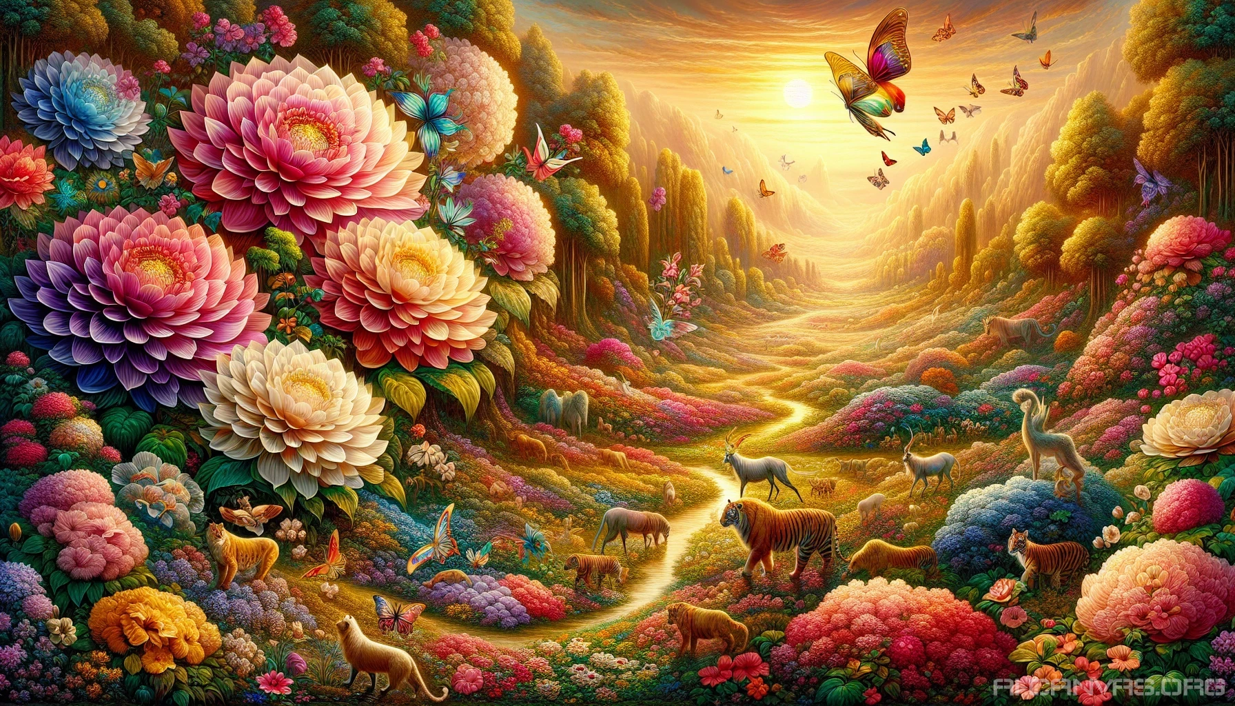 Imagine a vibrant landscape where nature's finest elements intertwine. A sprawling garden bursts with colorful flowers, each petal adorned with intricate patterns resembling the delicate wings of exotic butterflies. Silhouetted against a golden sunset, playful animals roam among the blooms, their forms harmonizing with the flora. This enchanting scene captures the essence of life, where wildlife and vegetation coexist in a breathtaking tapestry of color and movement.