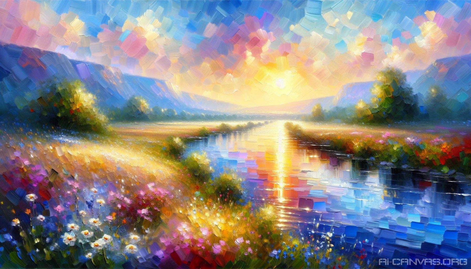 Capture a serene landscape infused with vibrant hues and soft brush strokes characteristic of Impressionism. Picture a tranquil river winding through a sunlit meadow, dotted with wildflowers swaying in a gentle breeze. The sky glows with golden hour light, casting reflections on the water's surface, while distant hills melt into a haze of pastels, inviting viewers into a peaceful daydream of nature's beauty.