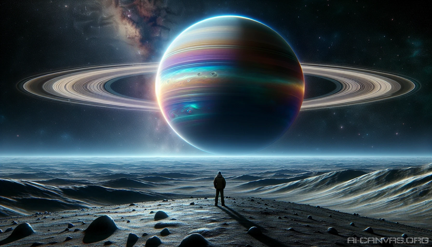 Imagine standing on a rocky moon, gazing at the breathtaking sight of a massive ringed gas giant dominating the sky. The rings shimmer with iridescent hues, casting colorful reflections on the moon’s surface. Below, a landscape of rugged terrain and scattered craters stretches out, while distant stars twinkle in the vast cosmos. The atmosphere is rich with the mystery of deep space, inviting the viewer into an unforgettable cosmic wonder.
