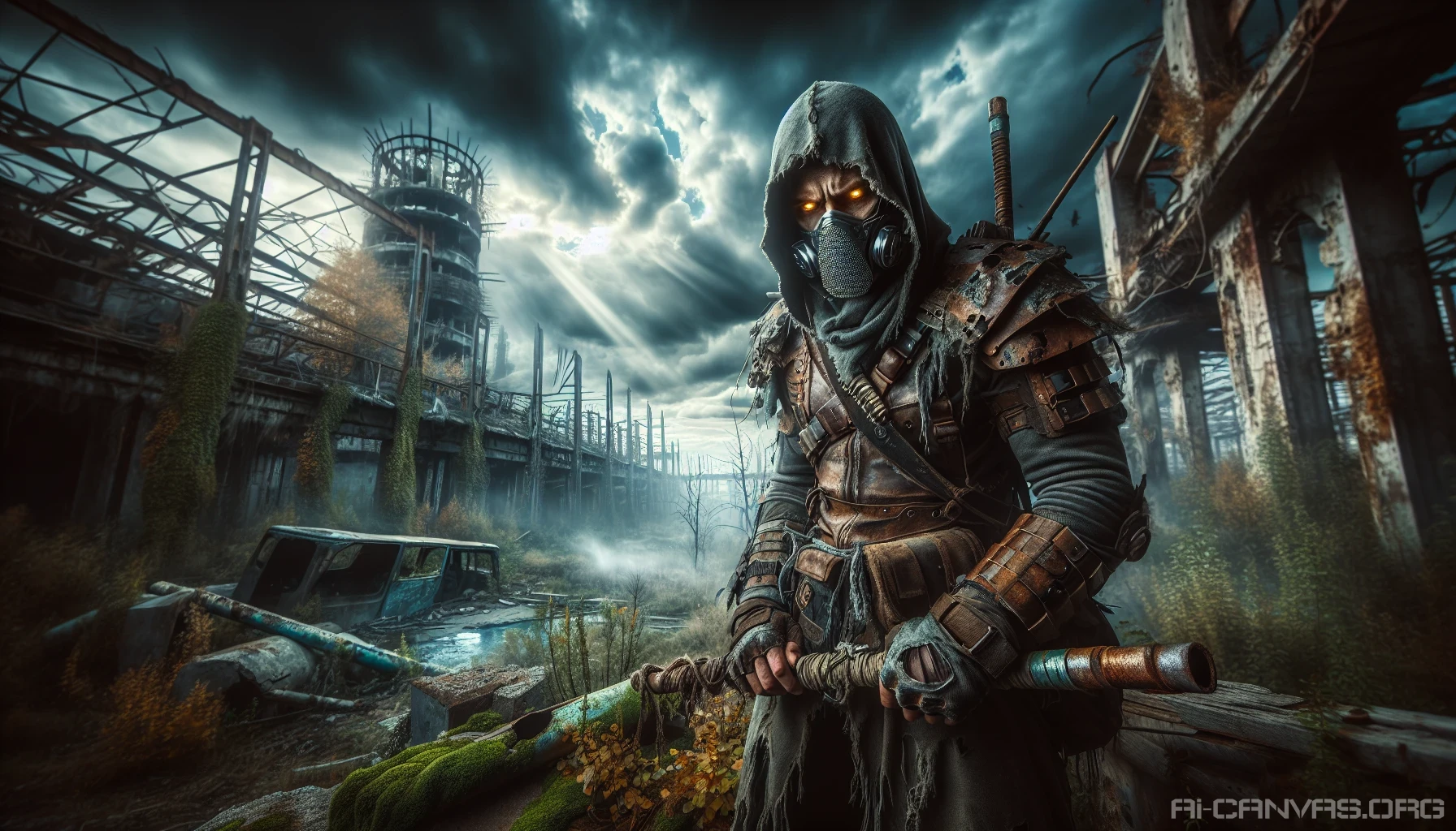 A fierce warrior stands defiantly amidst the desolate ruins of a post-apocalyptic world. Clad in tattered armor, their eyes gleam with determination beneath a weathered mask. They wield a makeshift weapon, crafted from scavenged metal and rusted pipes, symbolizing resilience. The backdrop features crumbling skyscrapers overtaken by nature, while a stormy sky looms, casting shadows that hint at both danger and hope in this chaotic landscape.