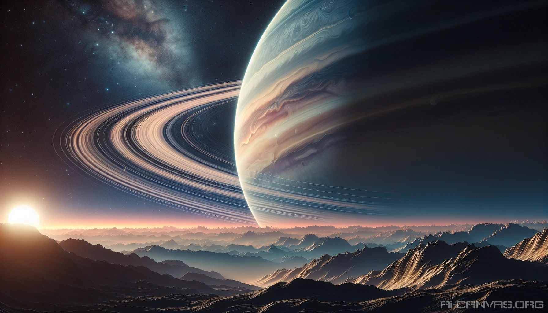 Envision a breathtaking scene featuring a colossal ringed gas giant, its swirling clouds of deep blues and vibrant oranges illuminated by distant starlight. In the foreground, a rugged moon cradles the viewer's perspective, with craters and rocky terrain glistening under a celestial glow. Wispy rings arc gracefully across the sky, casting shadows and adding an ethereal beauty to this otherworldly panorama, inviting exploration and wonder.